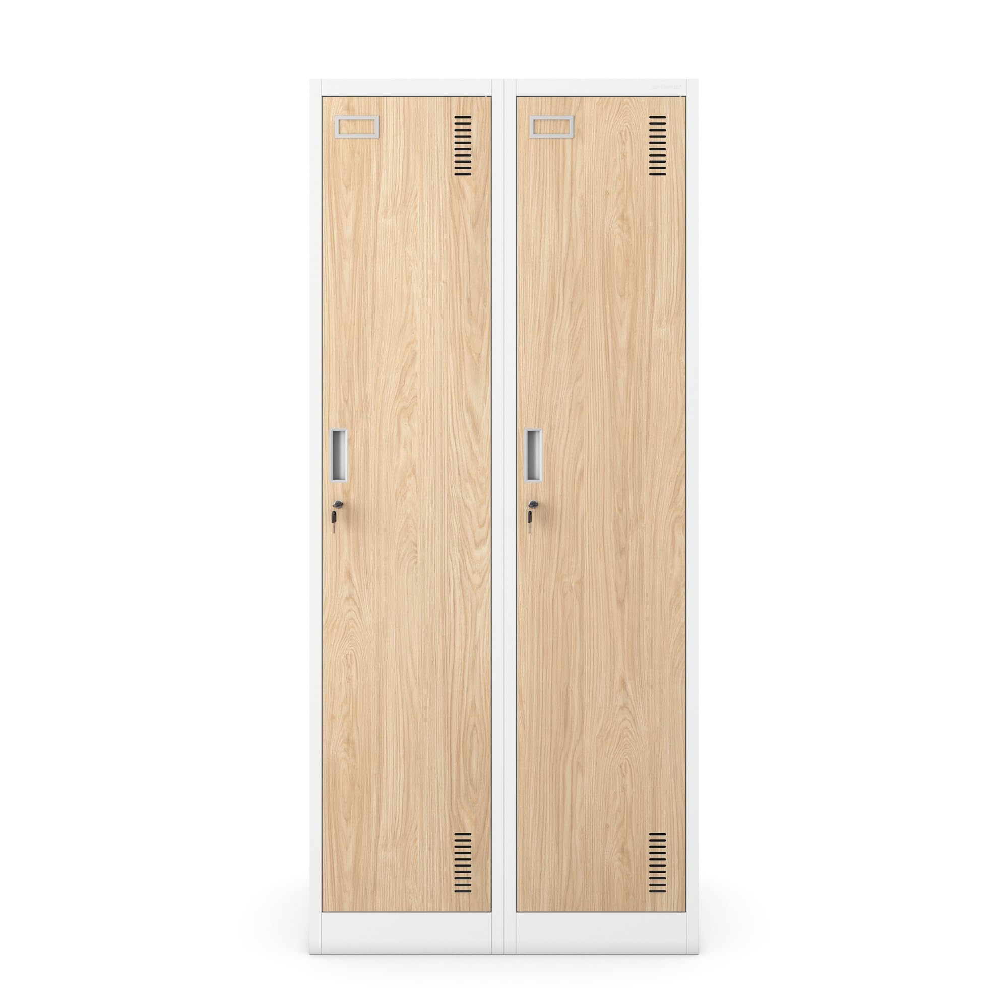 Taquilla Doble Armario Vestuario 2B1A Metalico Puertas con bisagras Ranuras de ventilación Pintura en Polvo Pared divisoria 180 cm x 80 cm x 50 cm (Aspecto de madera blanca)