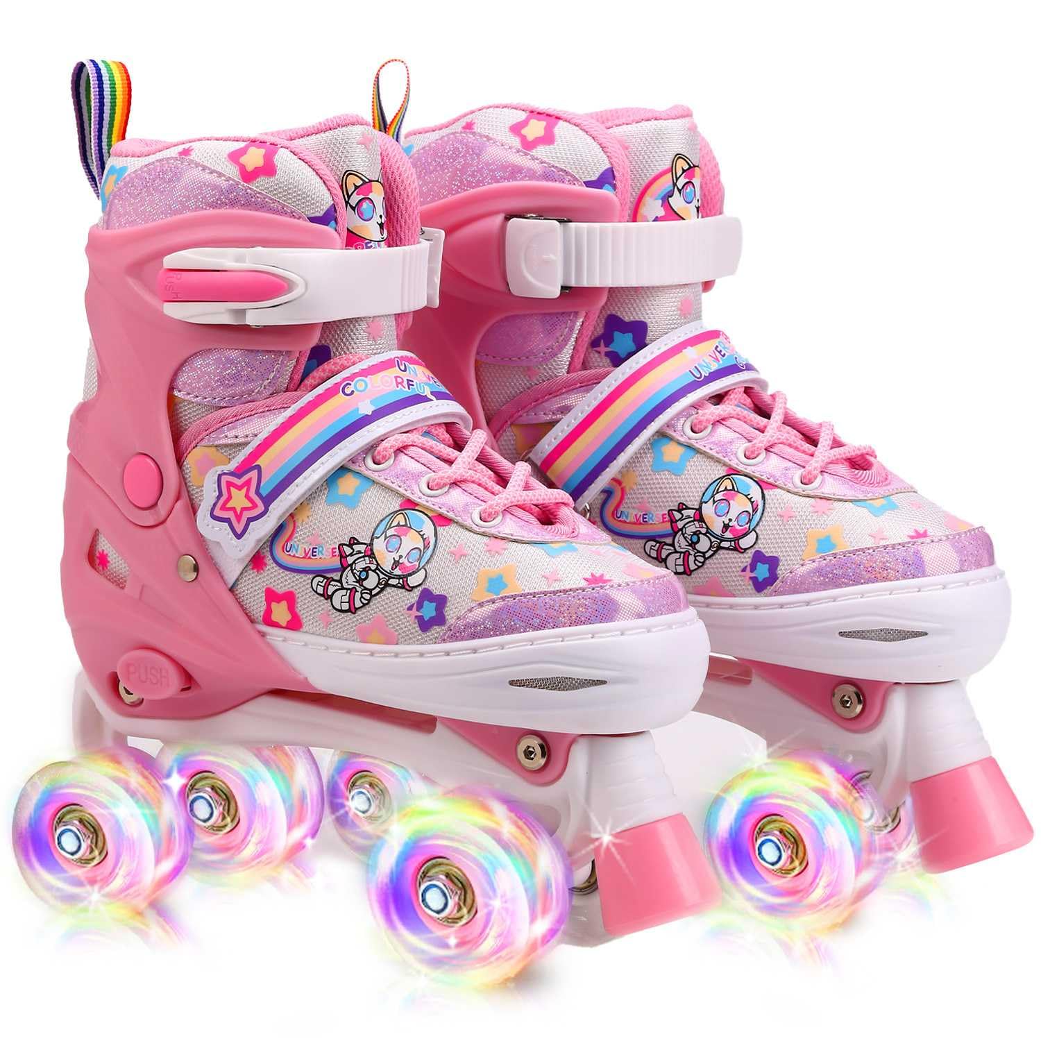 Roller Enfant Fille, Patin a Roulette Fille Enfant, Roues Lumineuses, Rollers pour Enfants 4 Taille Réglable pour débutants, Rollers Quad pour Filles et garçons