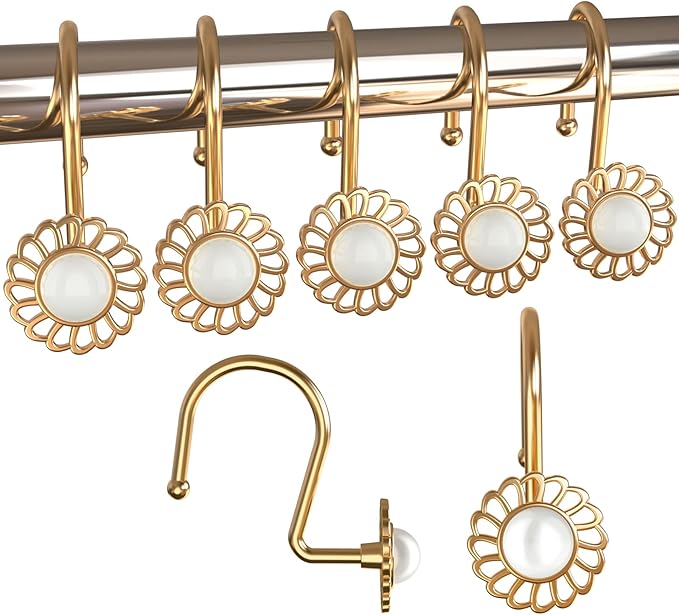 Set of 12 Heavy Duty Metal Decorative Curtain Rings Vintage Rustproof Curtain Hooks Hangers for Bathroom Shower Rods, Flower Pearl, Brass Gold