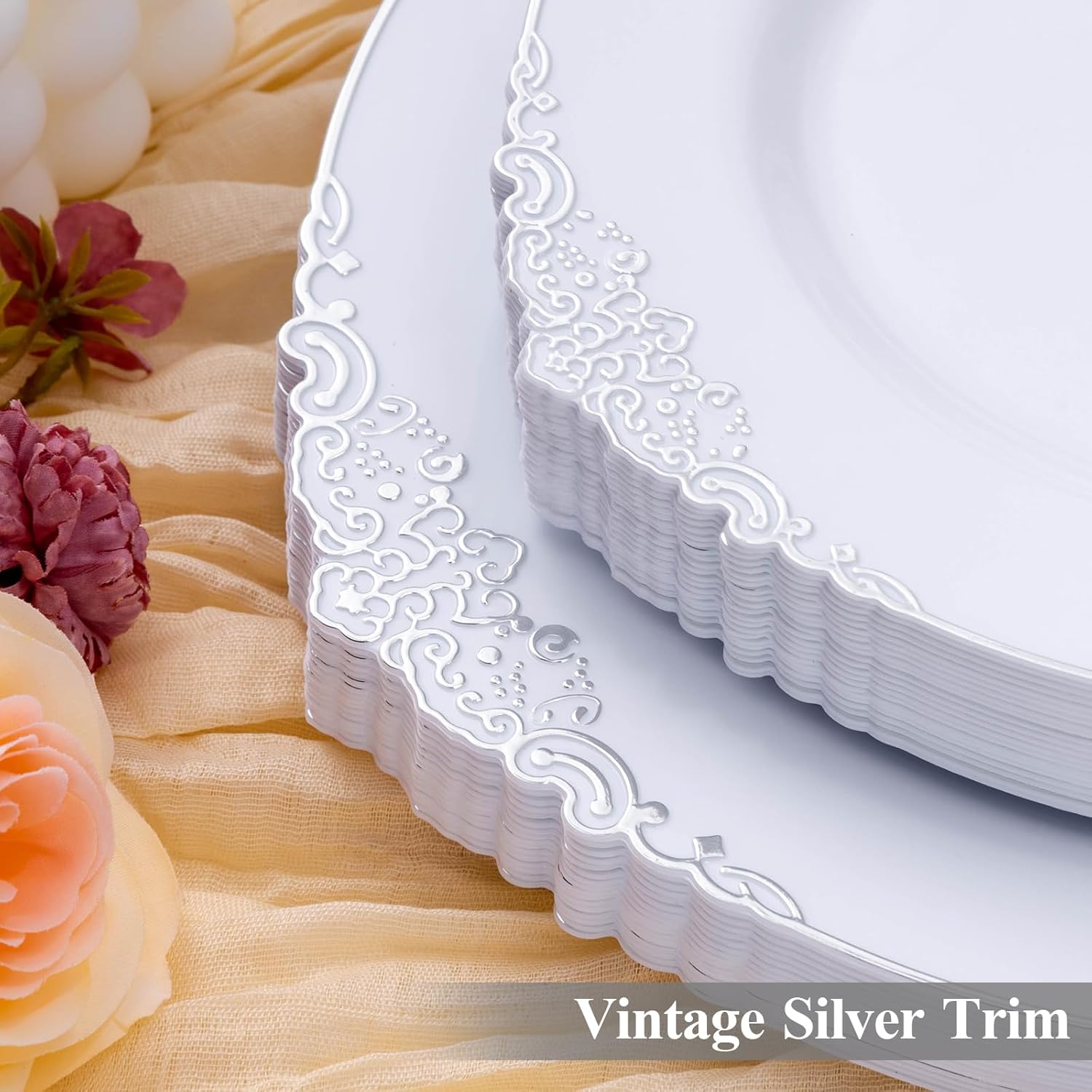 100 PCS White and Silver Plastic Plates for 50 Guests, Rose Gold Disposable Plates Include 50 PCS Dinner Plates, 50 PCS Dessert Plates for Party, Wedding and Baby Shower - Image 3