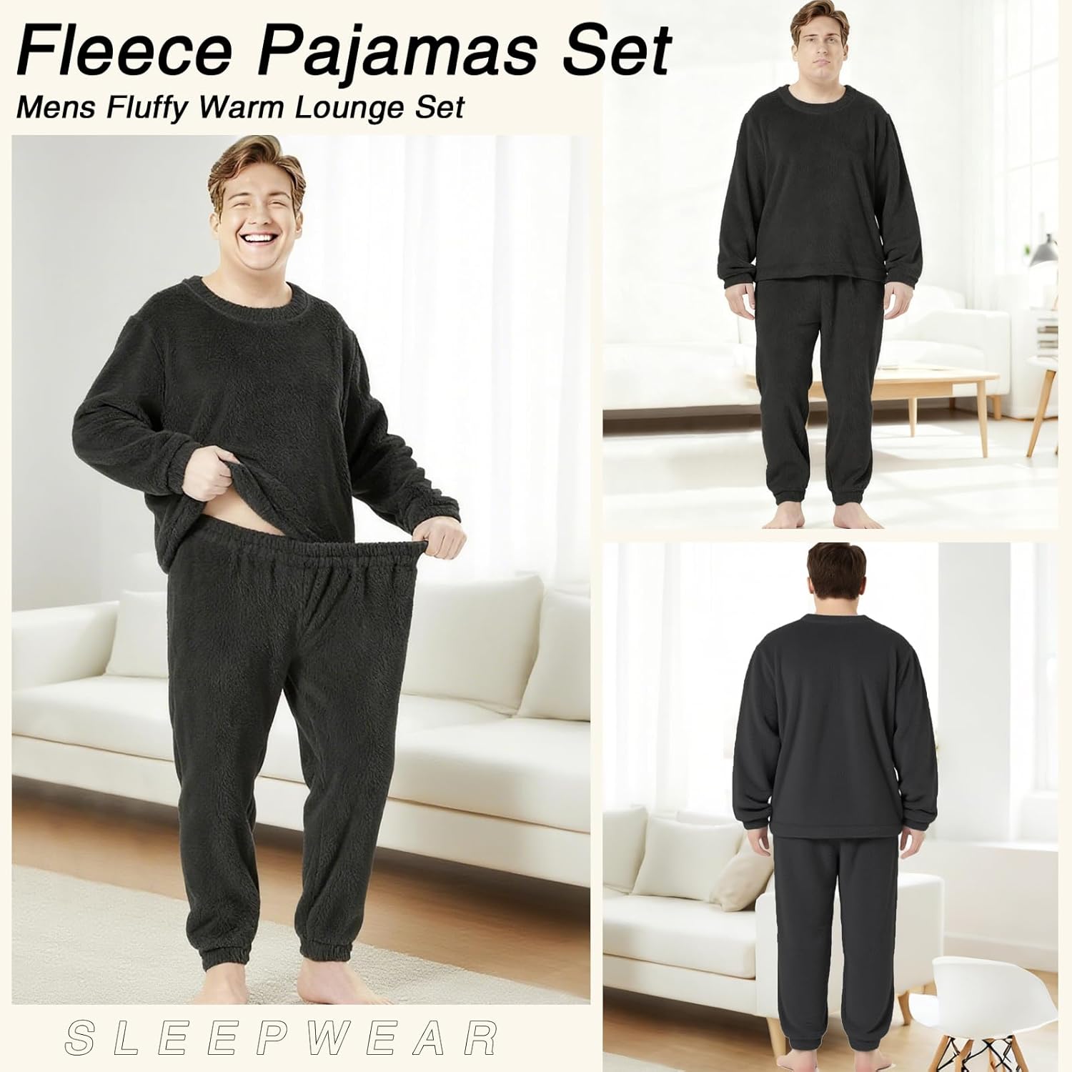 Mens Big and Tall Fleece Pajamas Set Pullover Pants Fluffy Plush Warm Loungewear Crewneck Sleepwear XL-9XL