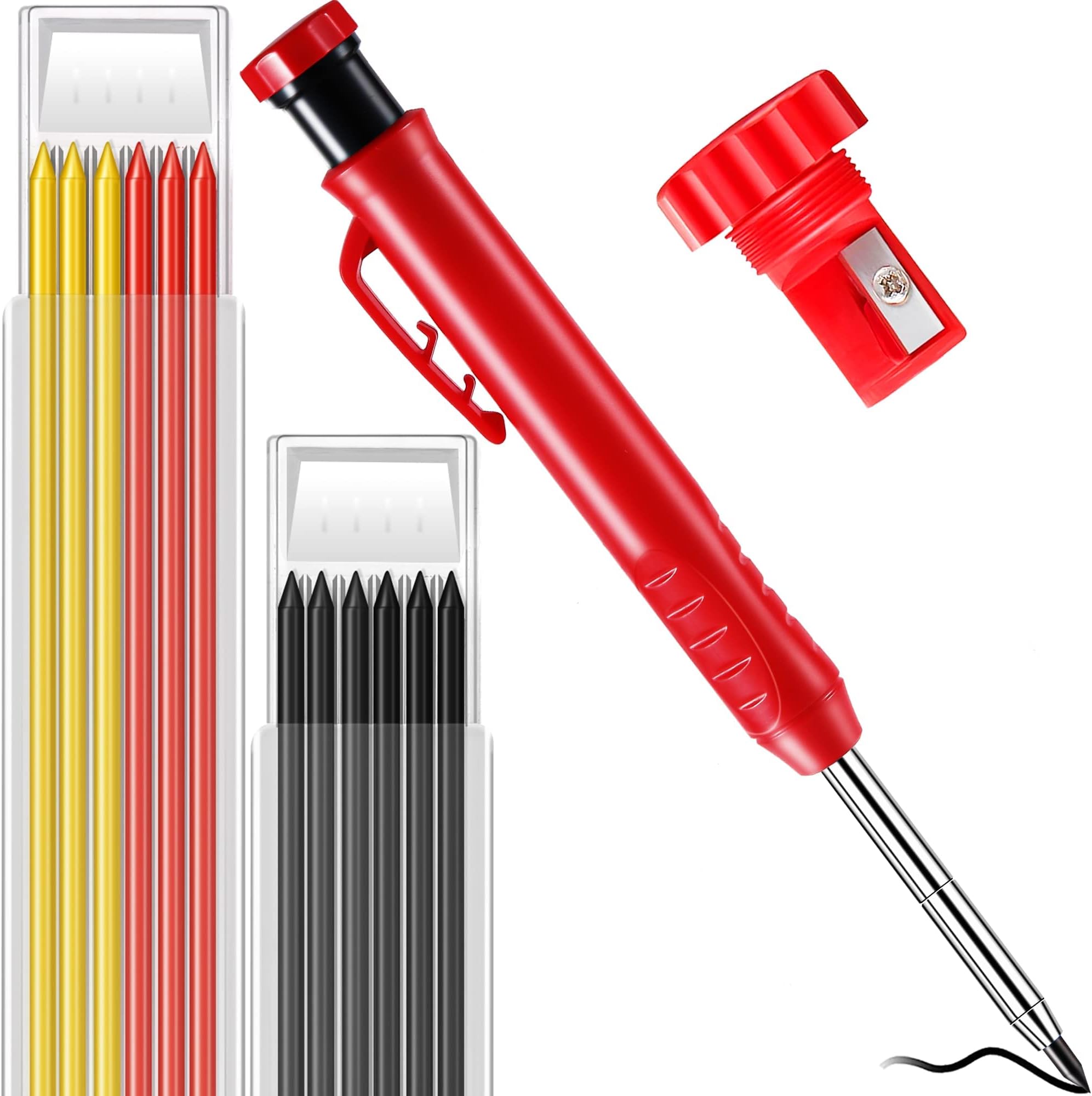 – KASTWAVE Mechanical Carpenter Pencils 1 Pcs Carpenter Pencil + 12 Refill Leads Built-In Sharpener Marker Marking Tool for Carpenter Scriber Construction Woodworking Tools (1 Set)