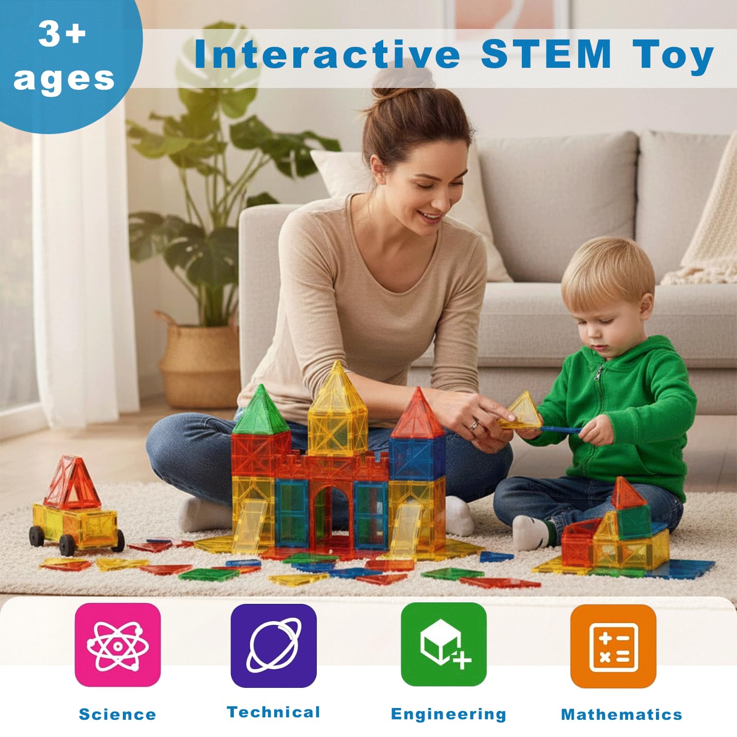 Magnetic Tiles Set 100PCS with 2 Car, Strong Magnetic Tiles for kids Ages 3-8 - Image 2