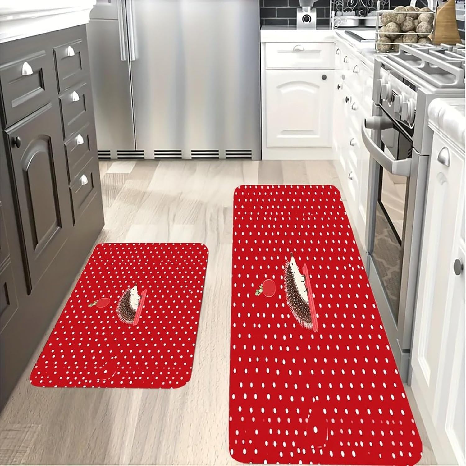 Red Polka Dot Hedgehog Kitchen Mat Kitchen Rug Set | Kitchen Rugs Flannel Velvety Washable breathable Water Absorbent Soft ，kitchen utensils for Kitchen, Floor,Laundry
