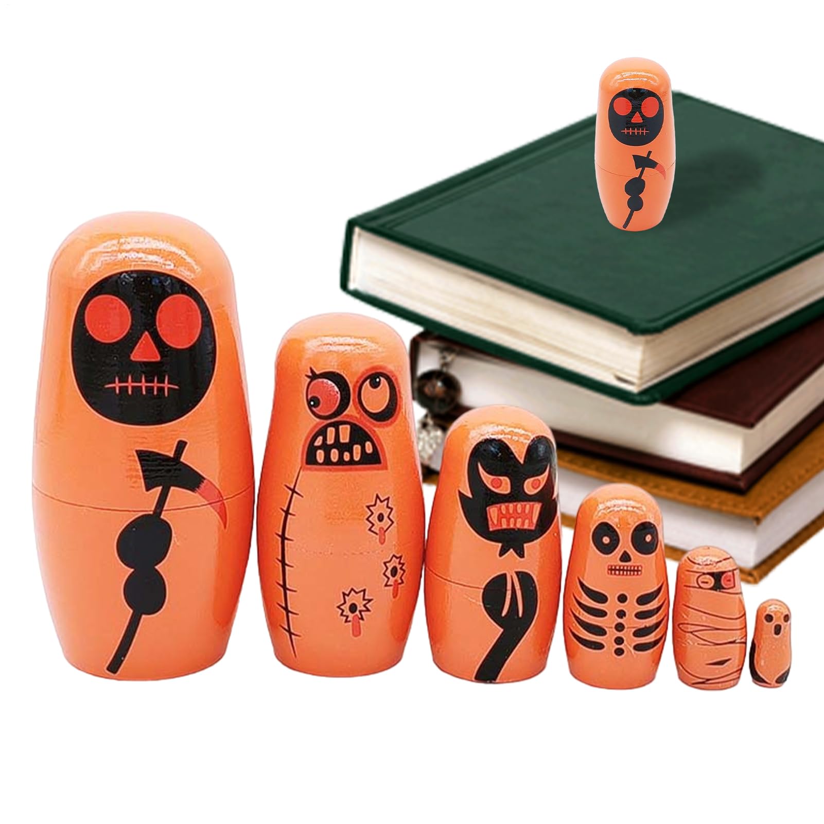 Doll | 6 Pieces Wooden Halloween Russian Dolls | Halloween Decoration for Boys Girls Kids Family Birthday Party