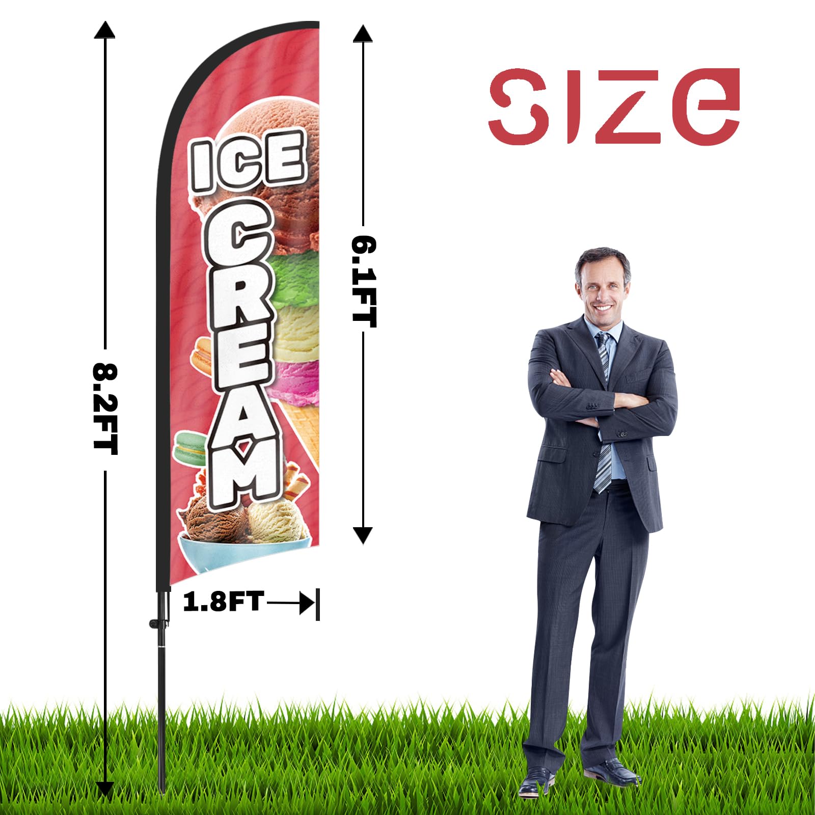 Ice Cream3 Federflagge, 2,4 m, Eiscreme-Flagge mit Stangen-Set, Erdspieß, Eiscreme, 3 Schilder für Unternehmen und Schaufenster