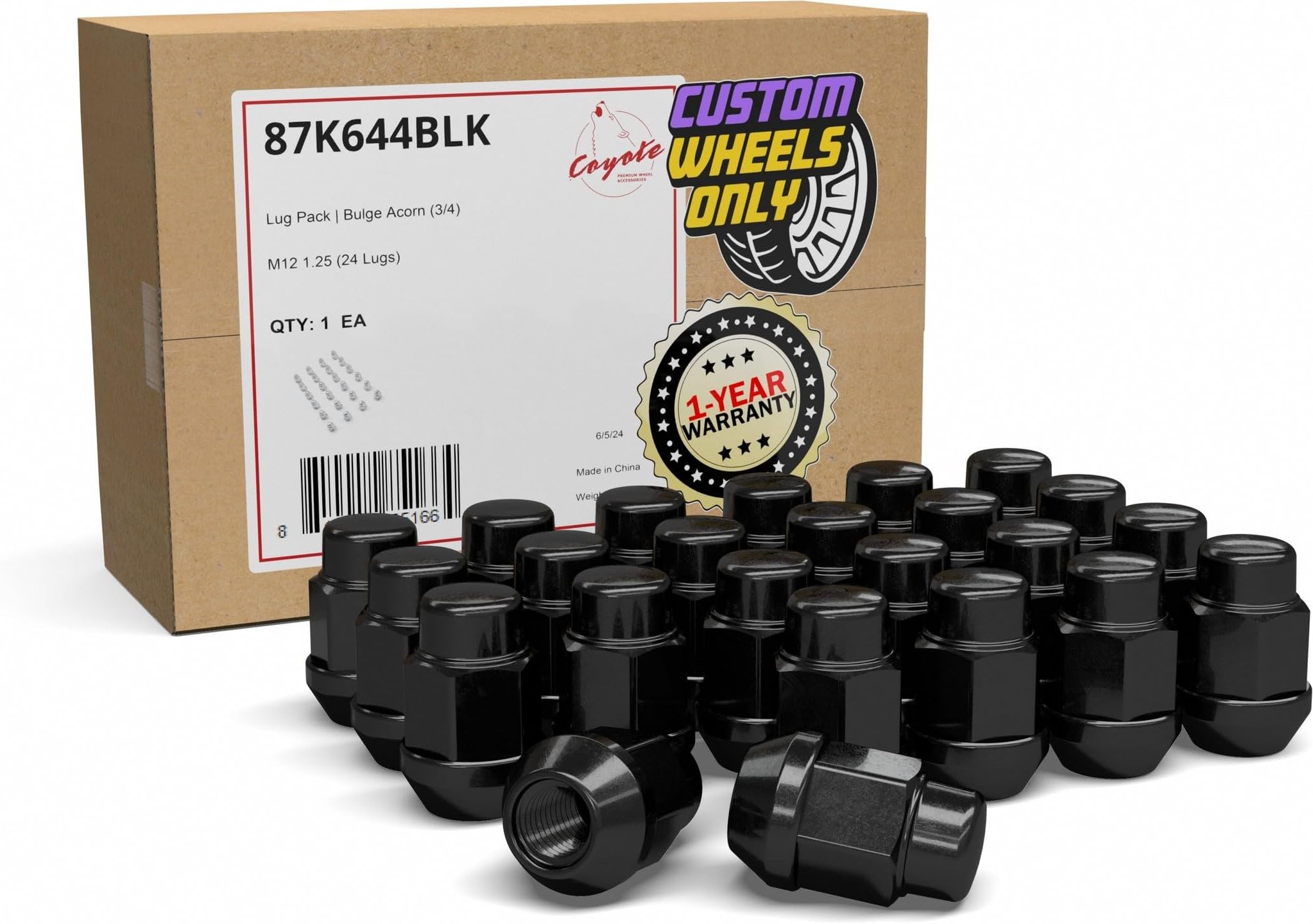 Wheel Accessories Parts 24 Pcs M12 x 1.25 12 x 1.25 Thread Bulge Acorn 35mm 1.38" Long Lug Nuts Black Chrome 3/4" 19mm Hex Fits Nissan Titan (Non XD) with Aftermarket Wheels