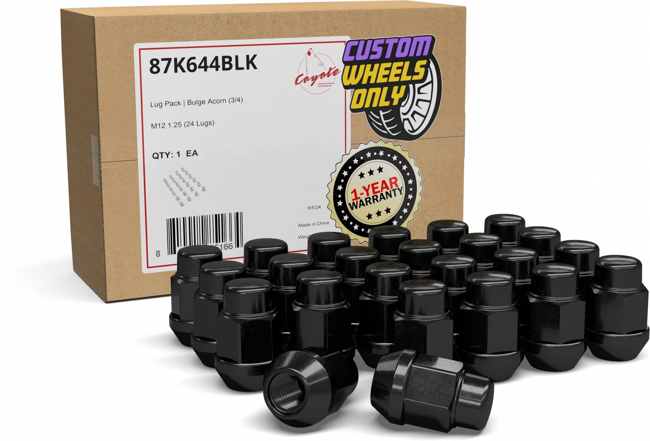 Wheel Accessories Parts 24 Pcs M12 x 1.25 12 x 1.25 Thread Bulge Acorn 35mm 1.38" Long Lug Nuts Black Chrome 3/4" 19mm Hex Fits Nissan Titan (Non XD) with Aftermarket Wheels