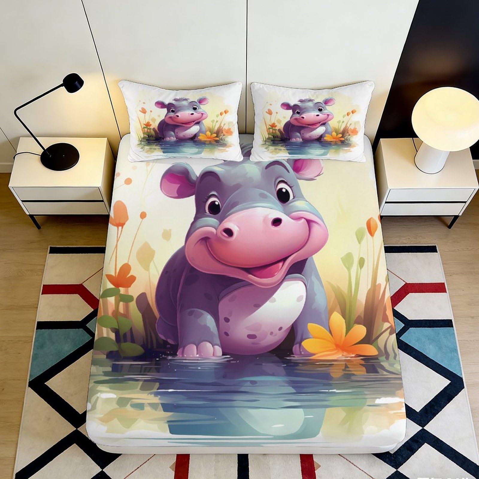3D Printed Cute Hippo Fitted Sheet Microfiber Soft Breathable Floral Bed Cover for Bedroom Dormitory Guest Room Mattress Protection 120x200x25cm