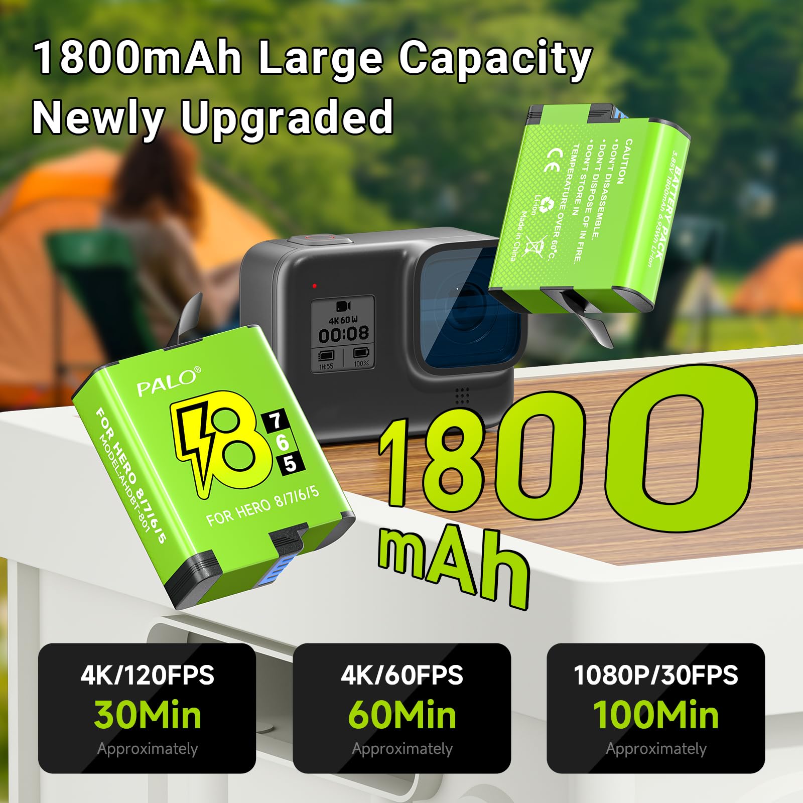 Lot de 2 Batteries 1800 pour Hero 8/7/6/5 Black – 3,85 V/Li-ION Batterie de Rechange Compatible avec Hero 8 7 6 5 Black, AHDBT801, AHDBT-701, AHDBT-501, AABAT-001