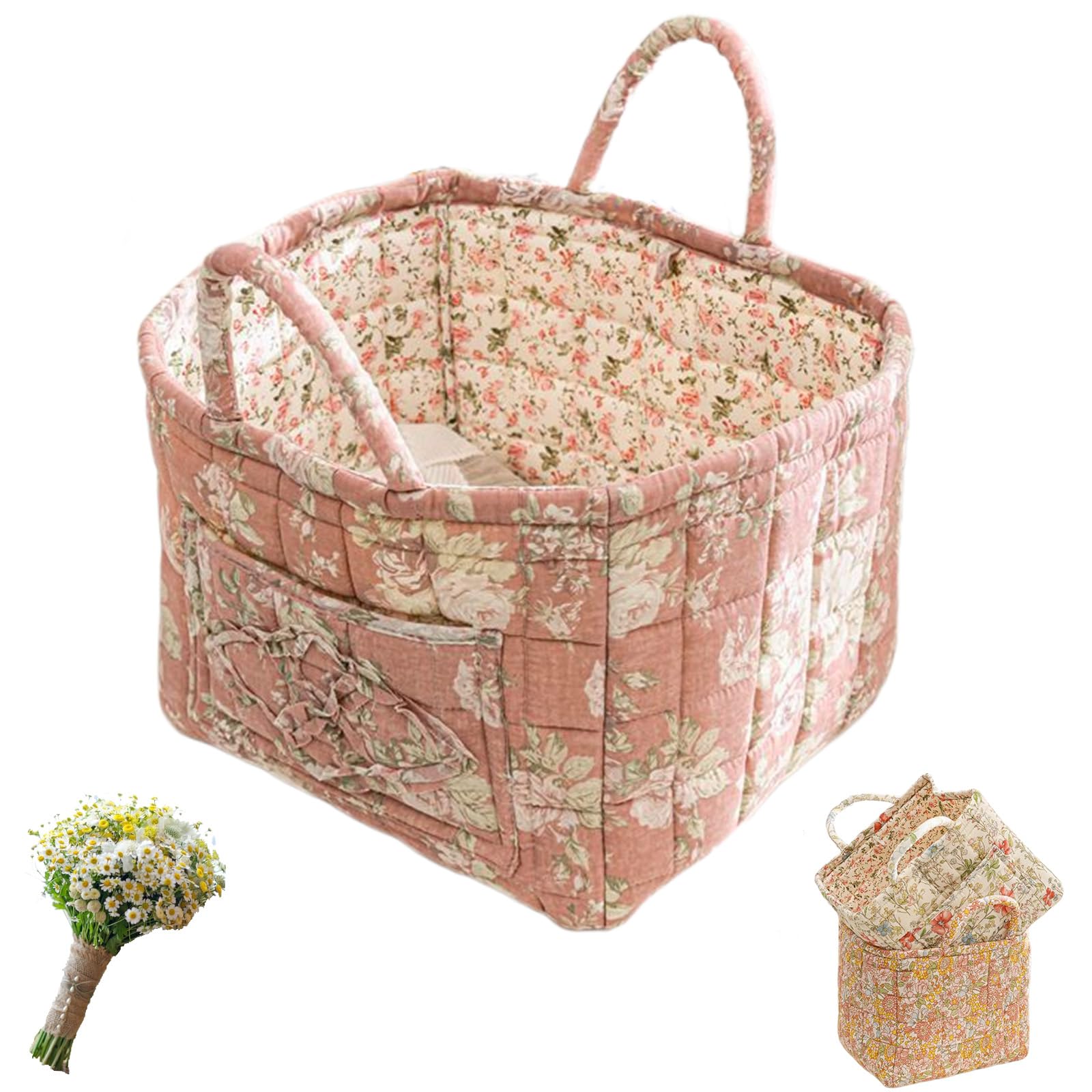 Boho Fabric Storage Basket, Large Capacity Foldable Floral Laundry Baskets, Floral Baskets Quilted Fabric Laundry Hamper with Handles for Home, Dorm, Clothes, Bathroom (8PC-H)