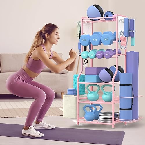 Miniatura 7 de Estante para mancuernas, almacenamiento de gimnasio en casa para pesas rusas, esterilla de yoga y equipo de entrenamiento de fuerza, estante de