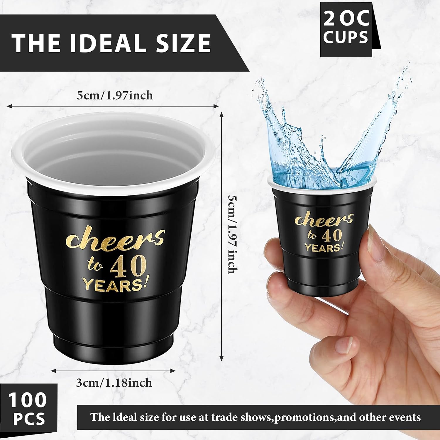 100 Pcs Cheers to 30 40 50 60 70 Years Shot Glasses 2 oz Disposable Birthday Plastic Cups Black with Gold Color Stadium Cup for Birthday Party Favor Anniversary Decoration Men Women(40 Years)