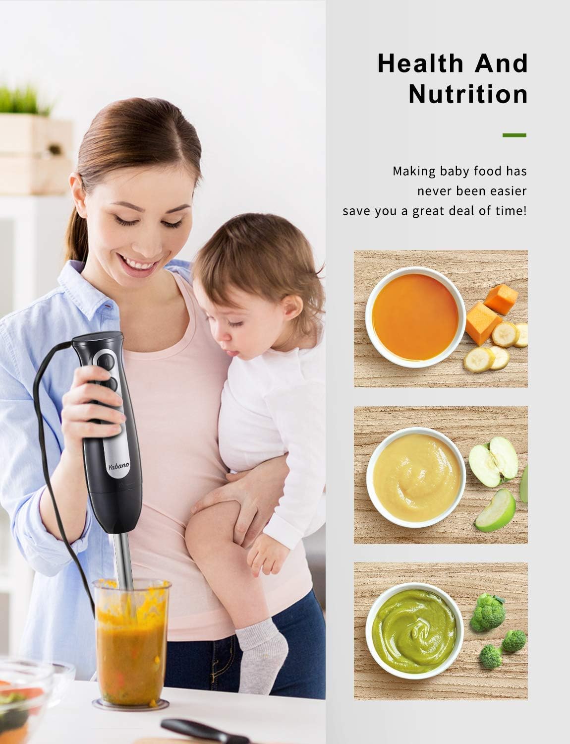 Hand Blender, Yabano 200W Immersion Blender with 24oz Beaker, 2-Speed Stick Blender, Detachable 304 Stainless Steel Blade and Ergonomic Handle, for Baby Food, Juices, Smoothies, Sauces and Soup, BPA Free