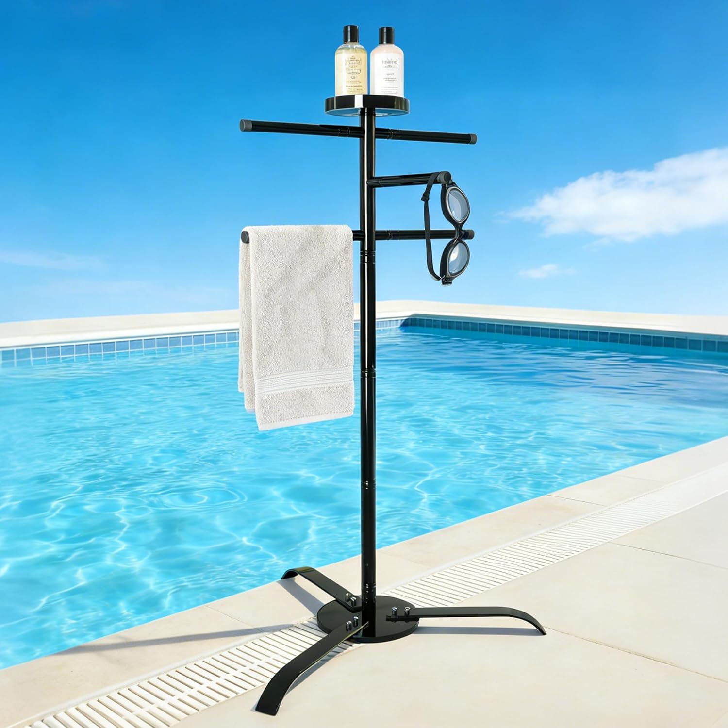 Pool Towel Rack Outdoor with Storage Tray, 61.6" Free Standing Hot Tub Towel Rack, Heavy Duty Pool Towel Holder for Towels, Swimsuits & Goggles, Pool Accessories for Backyard & Spa