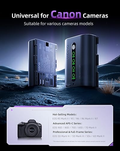 Miniatura 4 de llano Batería Aurora LP-E6P de 2600 mAh  Totalmente descodificada para Canon EOS R5R6R7 Mark II, 5D6D7D Mark IIIIIIV, 60D70D80D90D, pantalla LED