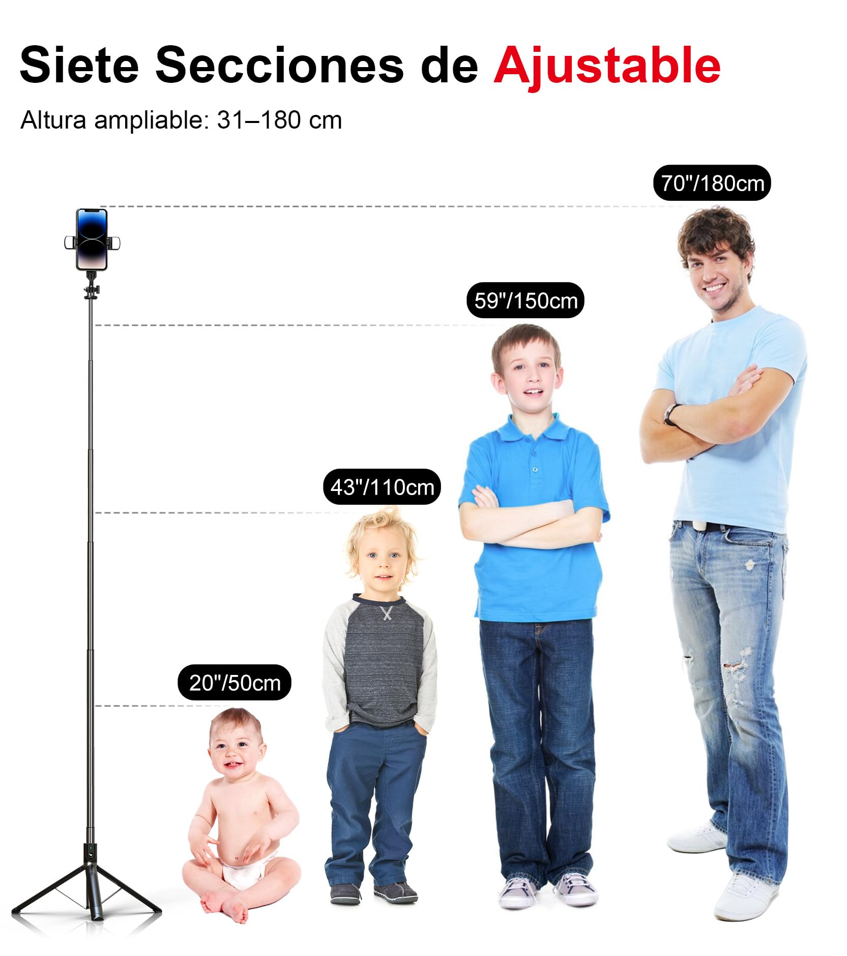 ASHINER Palo Selfie Tripode para Movil - 180cm Soporte de Teléfono con Control Remoto y Luces LED de Relleno para Viajes, Vlogging, Video, Fotos, Compatible con iPhone, Android