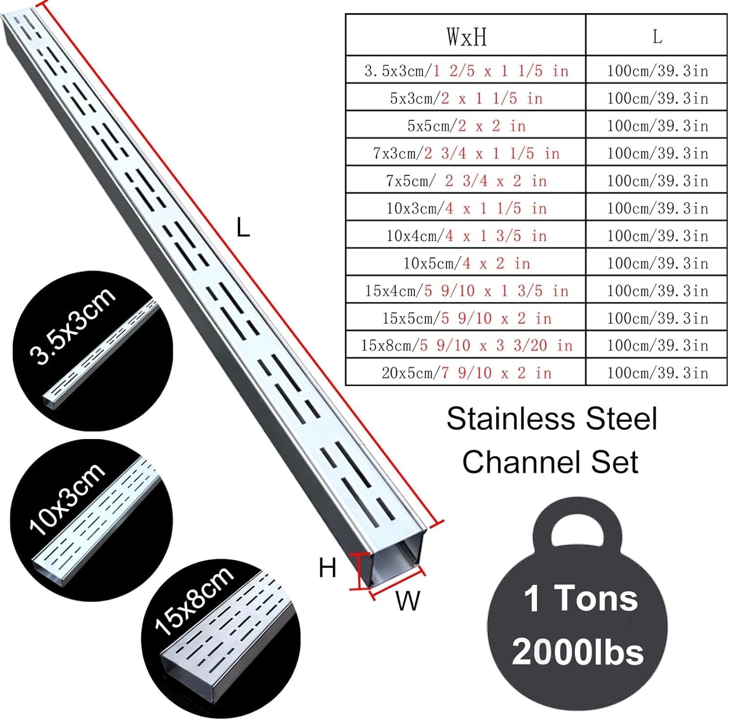 Grille Caniveau Canalisation de Drainage pour Allée (Lot 2-20) - Gouttière 100cm avec Grille INOX | Système Extérieur Jardin/Terrasse​(10 Pack,100x5x5cm/39.4x2x2in)