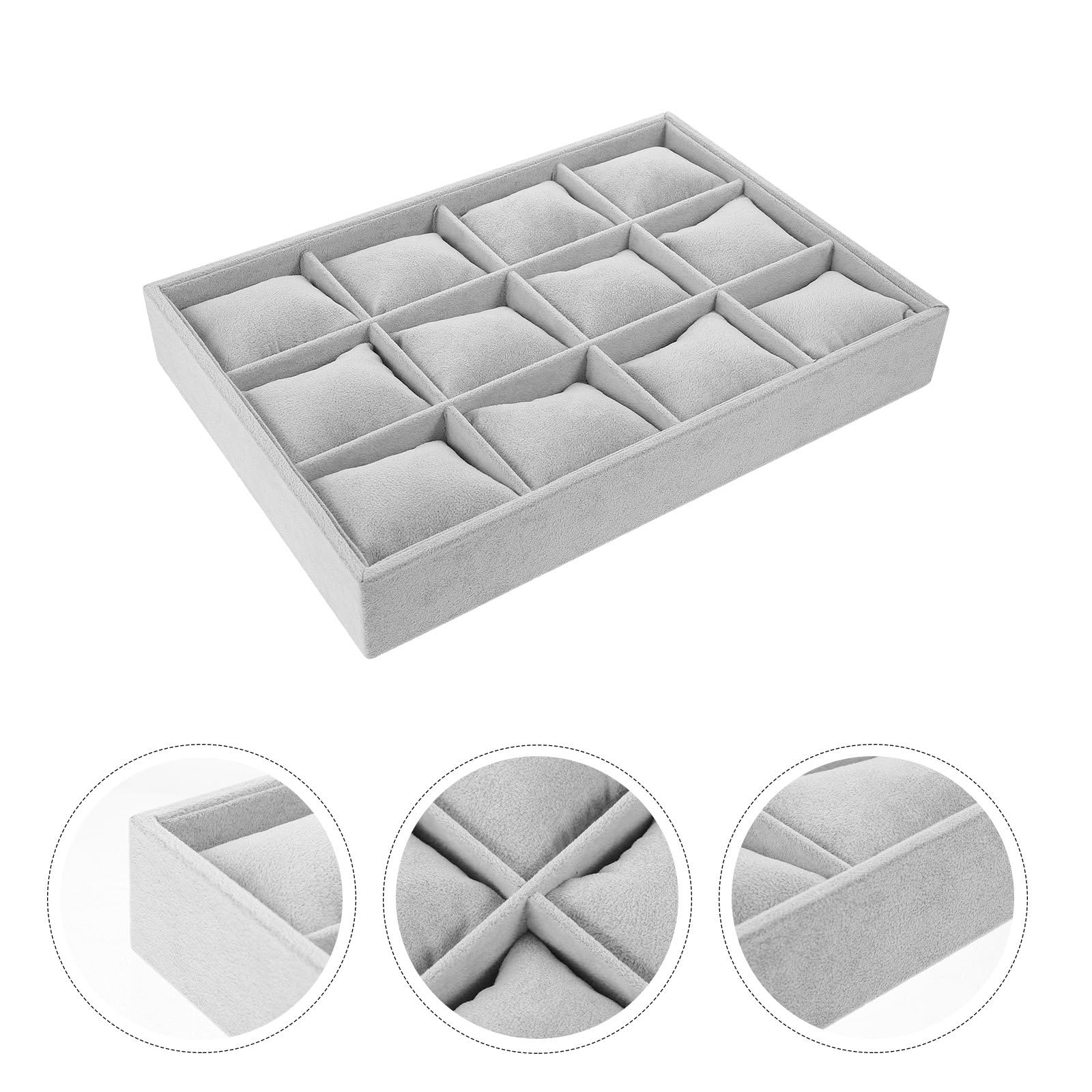 SOLUSTRE Vassoio Porta Braccialetti e Orologi 12 Scomparti, Organizer per Gioielli Grigio Morbido, Supporto Espositivo Compatto per Bracciali e Custodia da Scrivania
