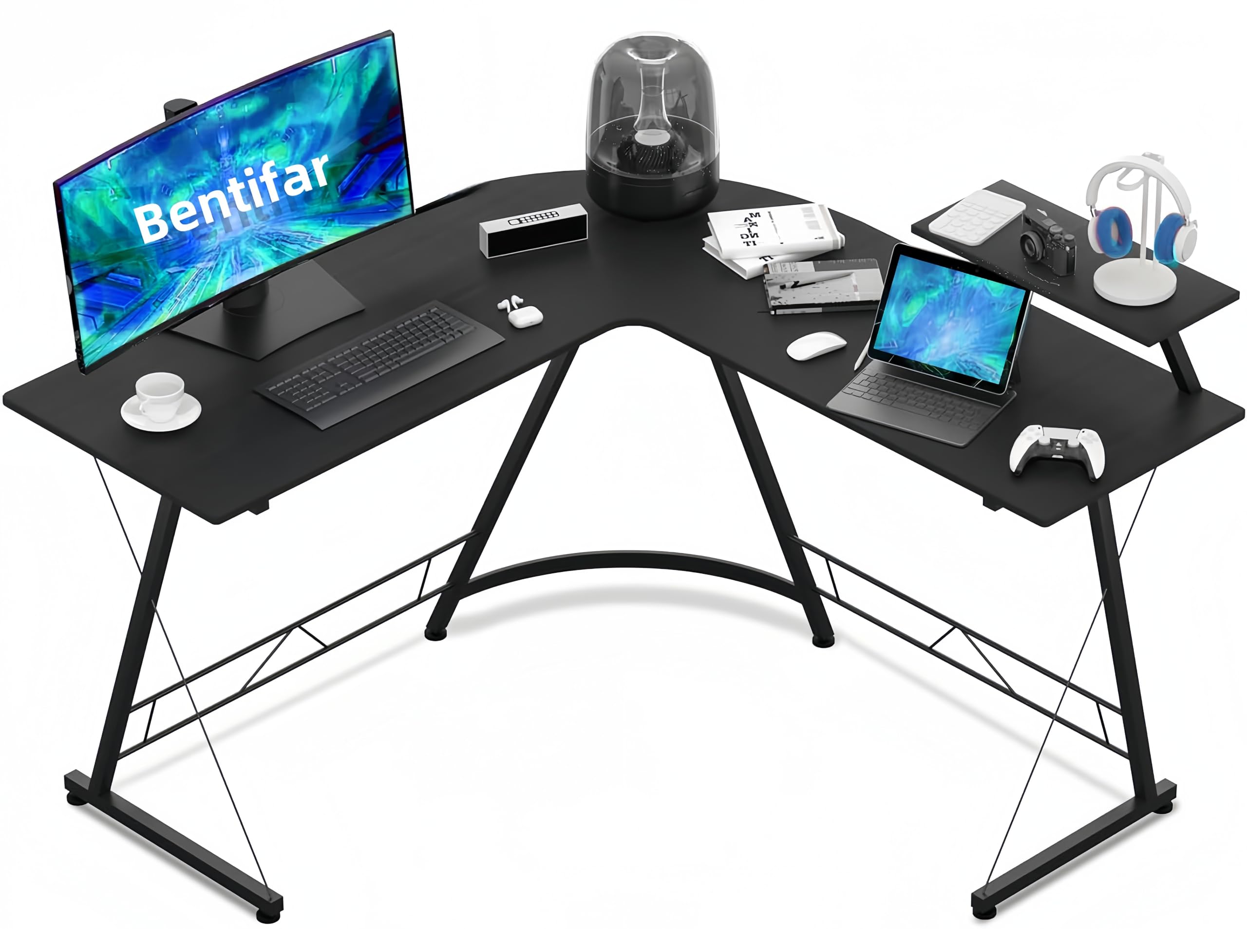 Bentifar L-Shaped Desk Computer Corner Table, 51" Home Gaming Desk, Office Writing Workstation with Large Monitor Stand, Space-Saving, Easy to Assemble (Black, (51"+51") L x 18.2"W x 29.5"H)