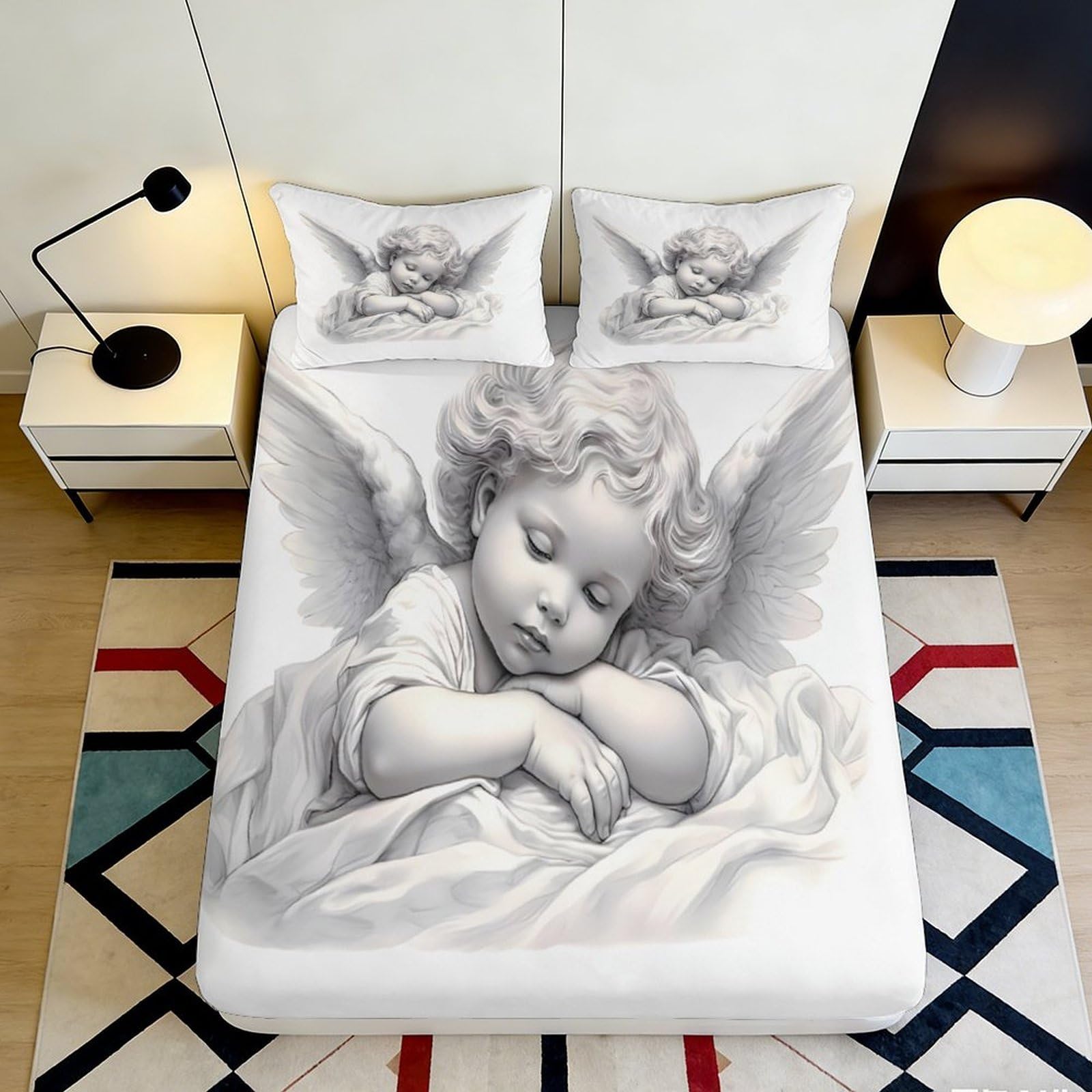 3D Printed Angel Wings Fitted Sheet Microfiber Soft Bedroom Decor Sleeping Cherub Mattress Cover for Home Dorm 140x200x25cm