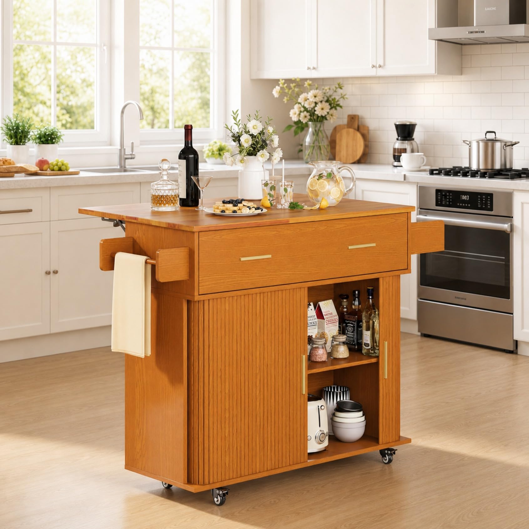 DHH Rolling Kitchen Island with Drop Leaf Countertop&amp;Ample Storage - 39.4" Small Mobile Kitchen Cart On Wheels with Sliding Door,Drawers,Spice Rack &amp; 2-Tier Storage (Yellow Walnut)