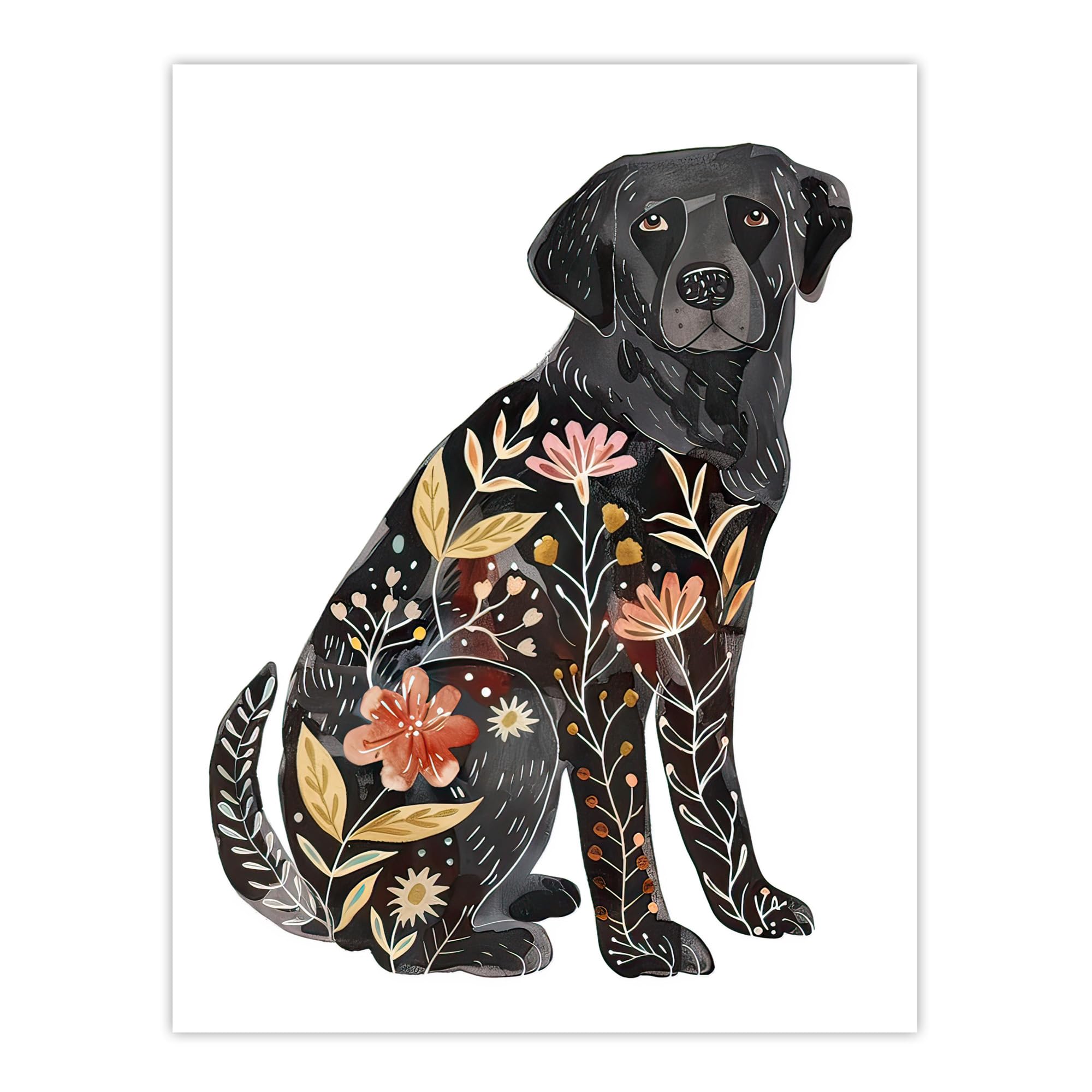 Artery8 Floral Pattern Black Labrador Dog Lover Design Living Room Large Wall Art Poster Print Thick Paper 18X24 Inch