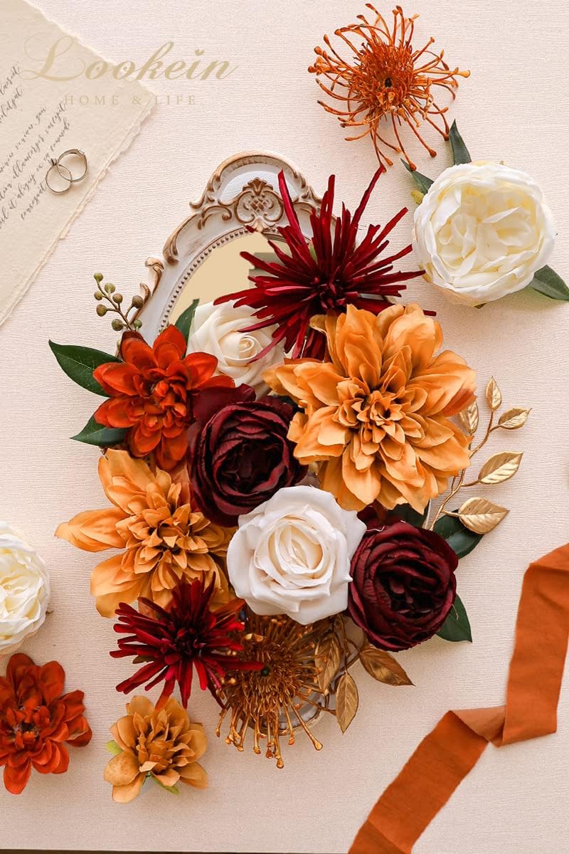 Lookein Chic Terracotta Artificial Flowers Combo& Silk Ribbon for Wedding DIY Bouquet Table Centerpiece Bridal Shower Party Decoration