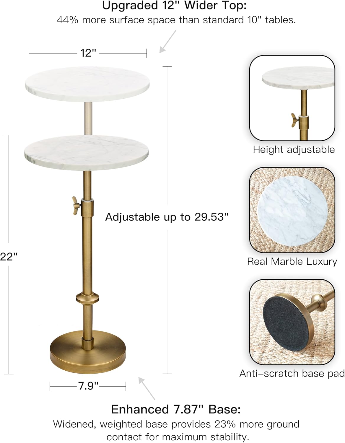 Adjustable-Height Marble Drink Table - 12x12x22-30, White Marble & Antique Brass, Modern Round End Table, Side Table with Pedestal Stand for Small Spaces, Vintage Metal Martini Cocktail Accent