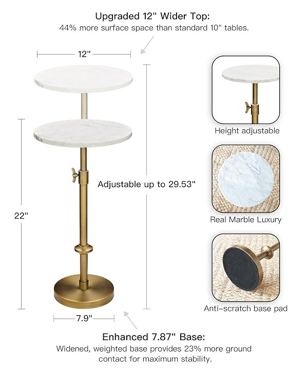 Adjustable-Height Marble Drink Table - 12x12x22-30, White Marble & Antique Brass, Modern Round End Table, Side Table with Pedestal Stand for Small Spaces, Vintage Metal Martini Cocktail Accent by Goodinough - Image 3