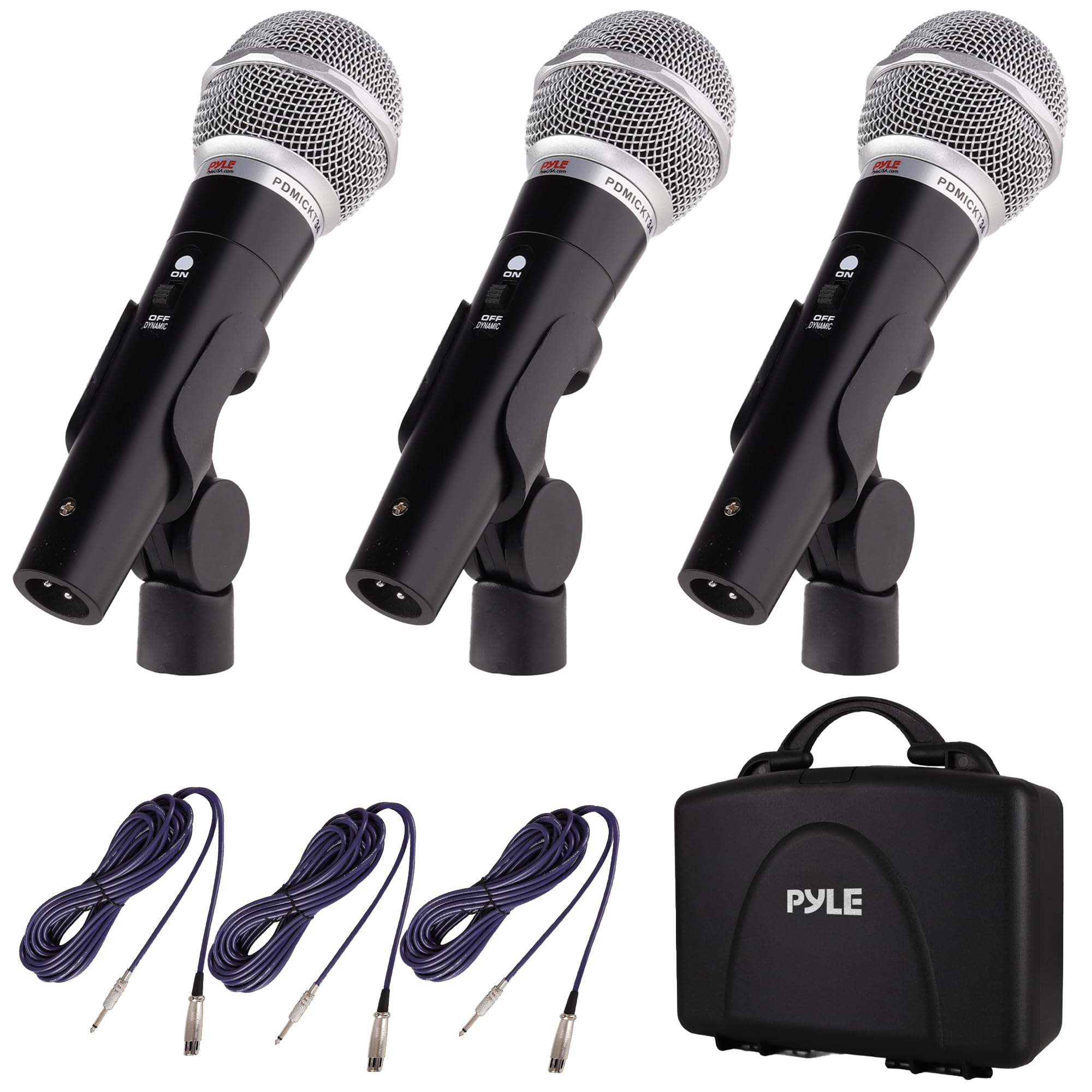 Pyle 3 Piece Professional Dynamic Microphone Kit Cardioid Unidirectional Vocal Handheld MIC with Hard Carry Case & Bag, Holder/Clip & 26ft XLR Audio Cable to 1/4'' Audio Connection (PDMICKT34),Black
