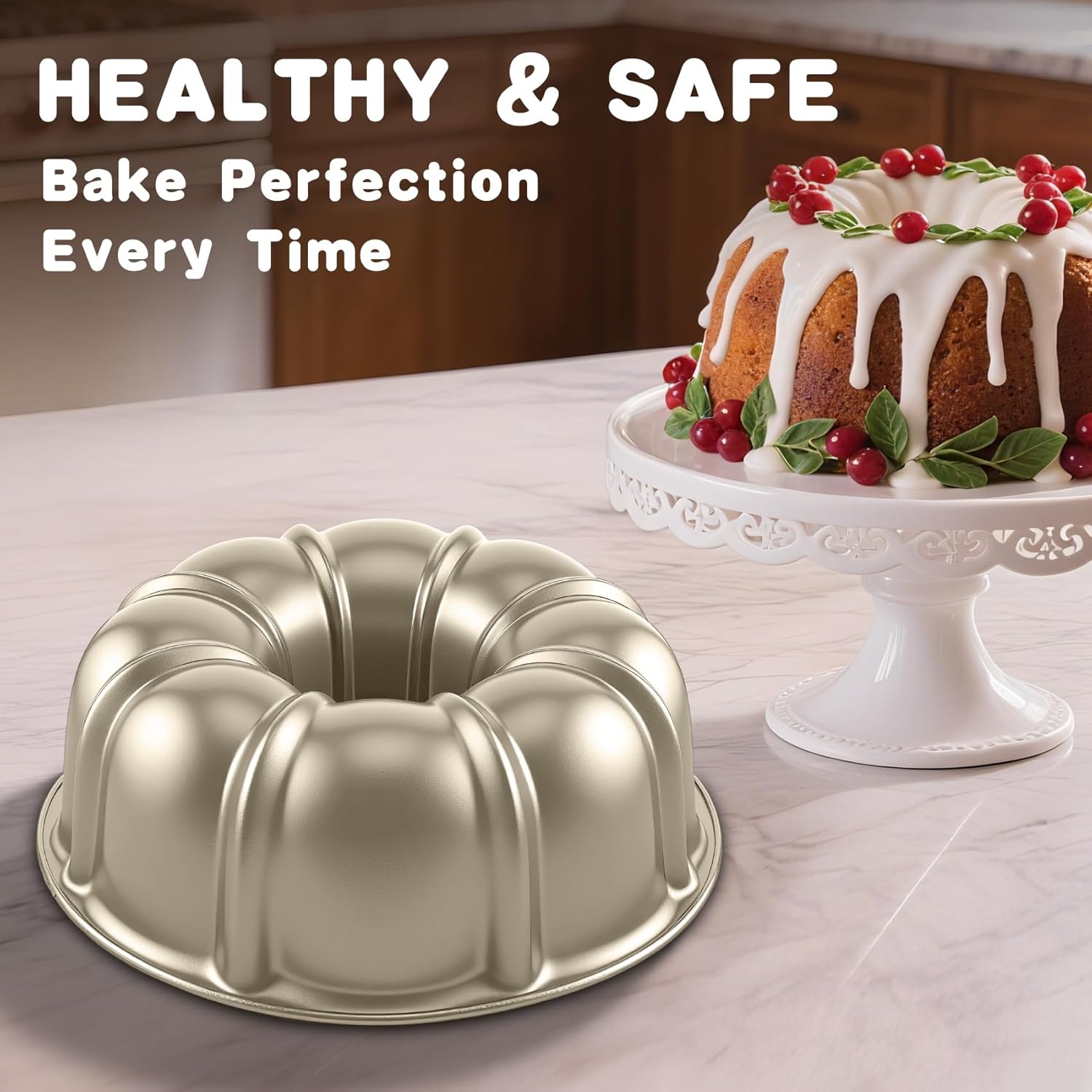 10 Inch Cake Pan, Nonstick Round Fluted Tube Cake Baking Pan, Buntz Pound Cake Mold,Tube Bakeware,Baking Mold for Jello/Gelatin/Chocoflan/Flan, Non Toxic, Easy Clean - Gold - Image 3
