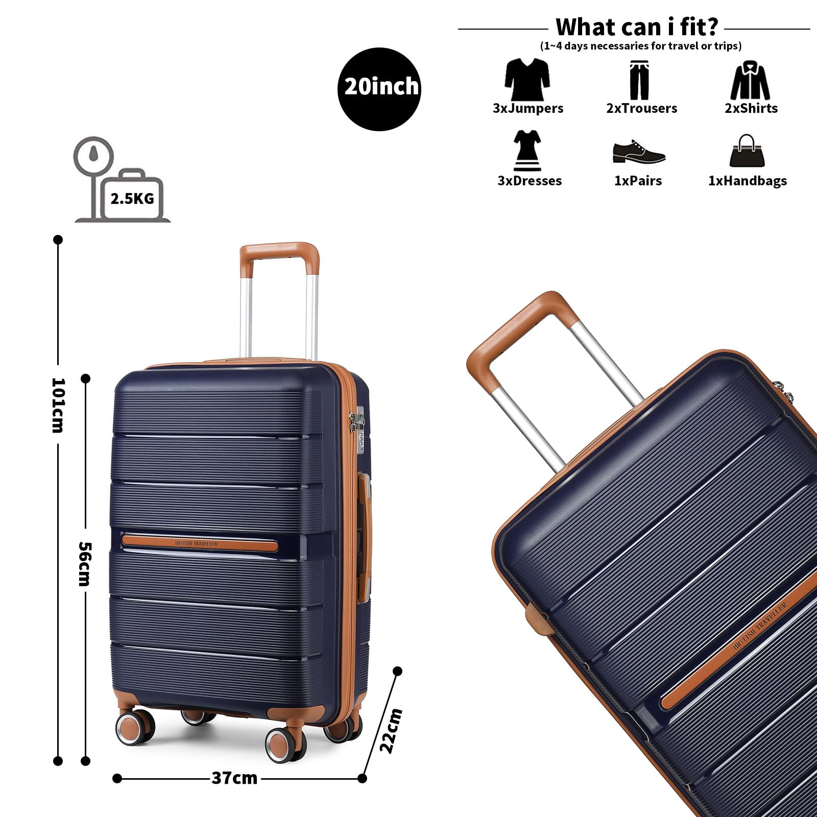 British Traveller Equipaje de Mano 56x37x22cm Maleta de Viaje Cabina Rígida Ligera Maleta de Cabina 4 Ruedas, Azul