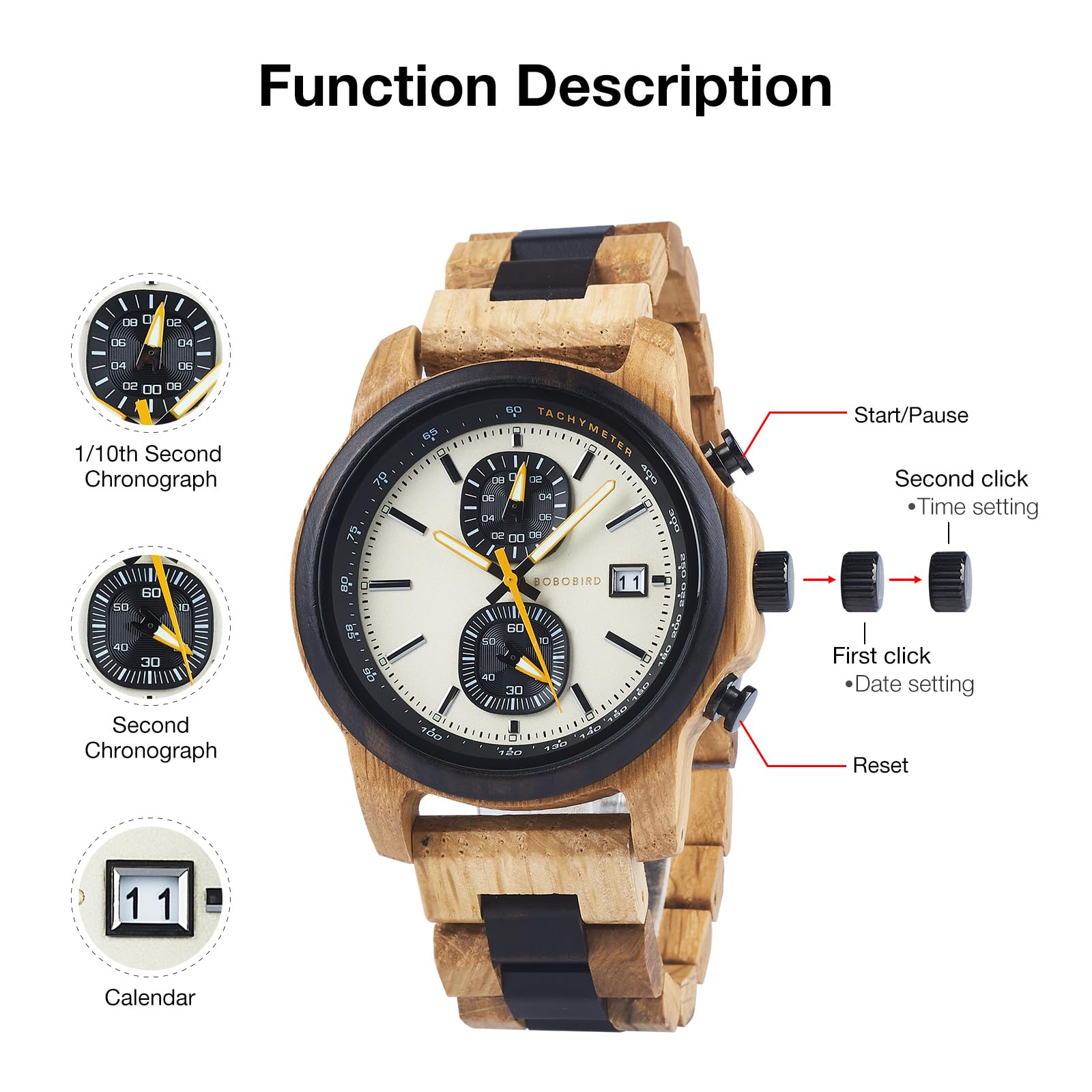 BOBO BIRD Reloj de madera para hombres y mujeres, ultraligero, 50 g, manecillas luminosas, cronógrafo, fecha, casual, regalo de negocios