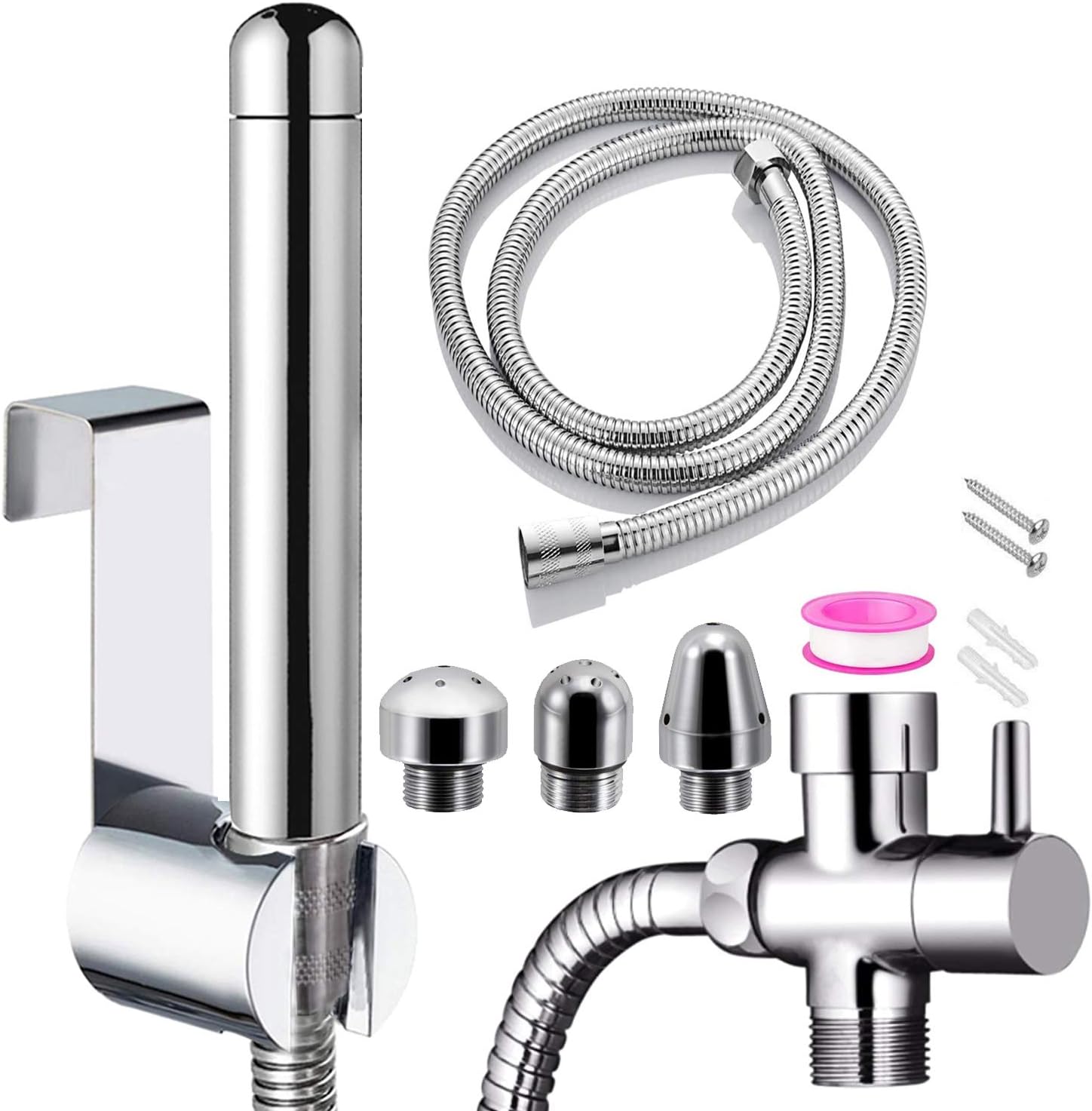 Shower head enema nozzle, Handheld enema Kit, 3 Heads in Aluminium nozzle - with ‎7/8 inch T-Valve, 59 inch Hose and Hook up Toilet or Wall Mount