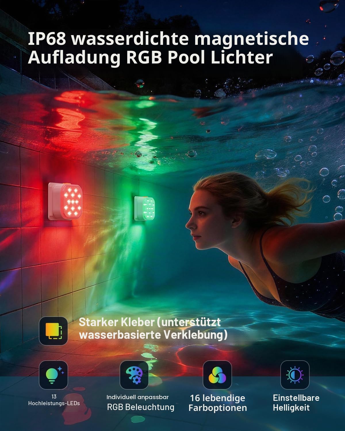 SoulBay Unterwasser Poolbeleuchtung Magnetisch Aufladbar mit Fernbedienung | RGB Bunte Pool Licht, Wasserdicht LED Schwimmende Teichbeleuchtung für Schwimmbad Teich Party Aquarium Garten Deko, 4er Set