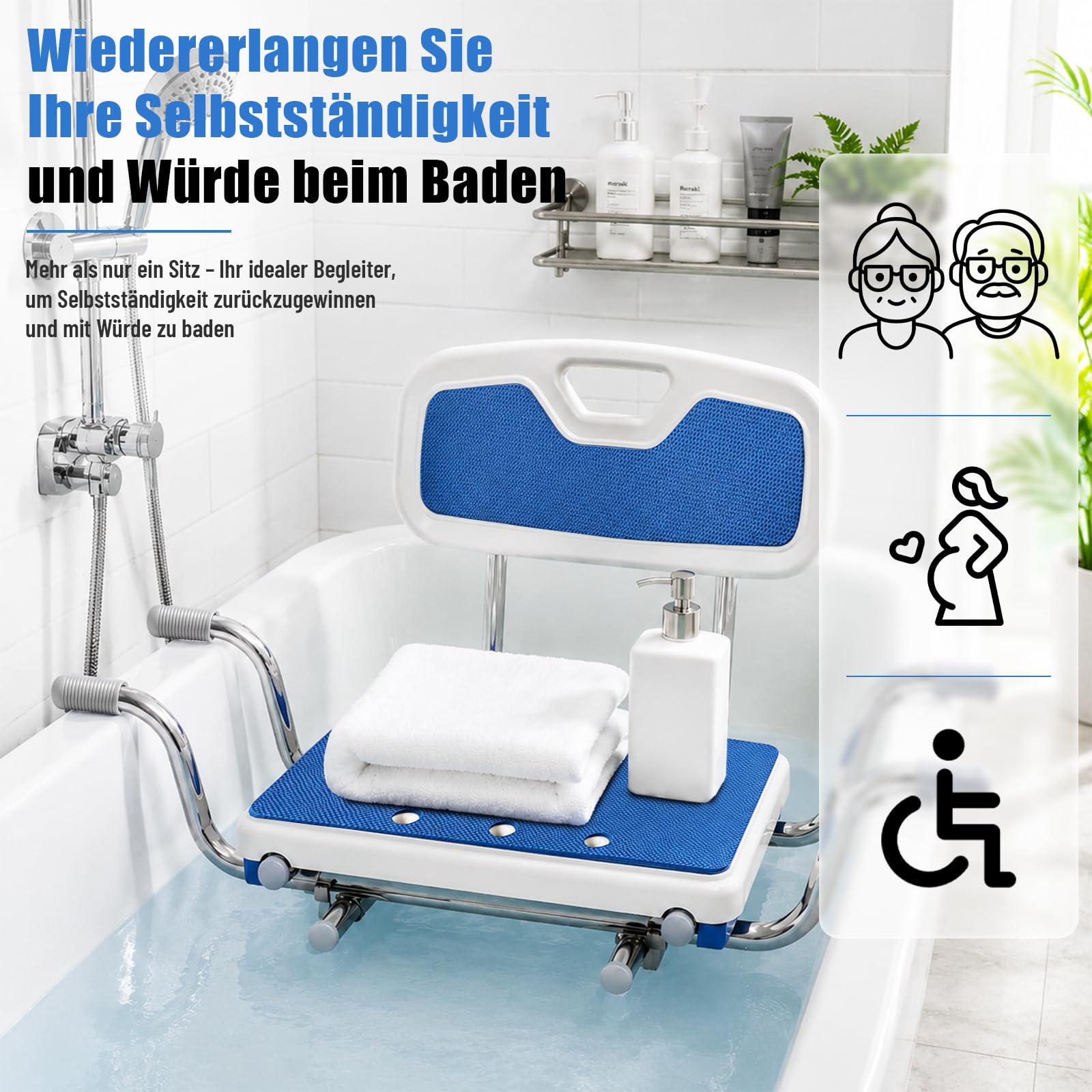 Asiento de bañera, taburete antideslizante para personas mayores con respaldo, soporta hasta 136 kg, silla de bañera para baños familiares, ancho de 76 a 86 cm, variable, para dimensiones interiores