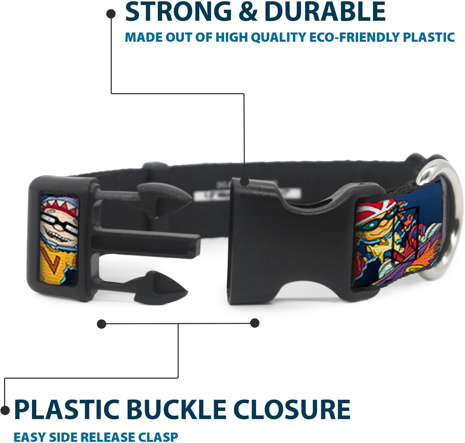 Nickelodeon Pet Collar, Dog Collar Plastic Buckle, Rocket Power Character Poses Shapes Cool Gray Multi Color, 20 to 31 Inches 1.5 Inch Wide