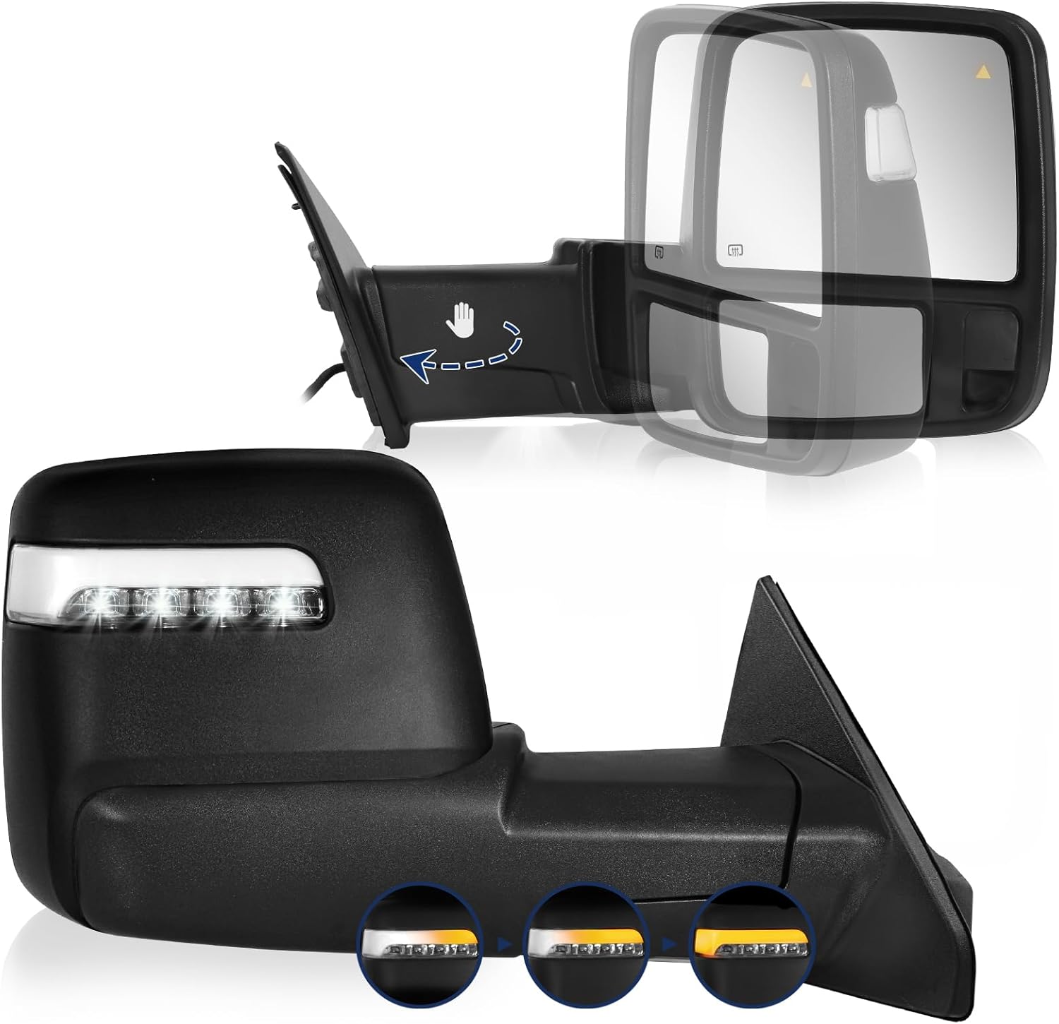 Towing Mirror Compatible with 2019-2024 Dodge Ram 1500 Pickup Truck with BSM Power Adjusted Glass Heated Running Light Turn Signal Light Puddle Lamp Temp Sensor-Clear Lens