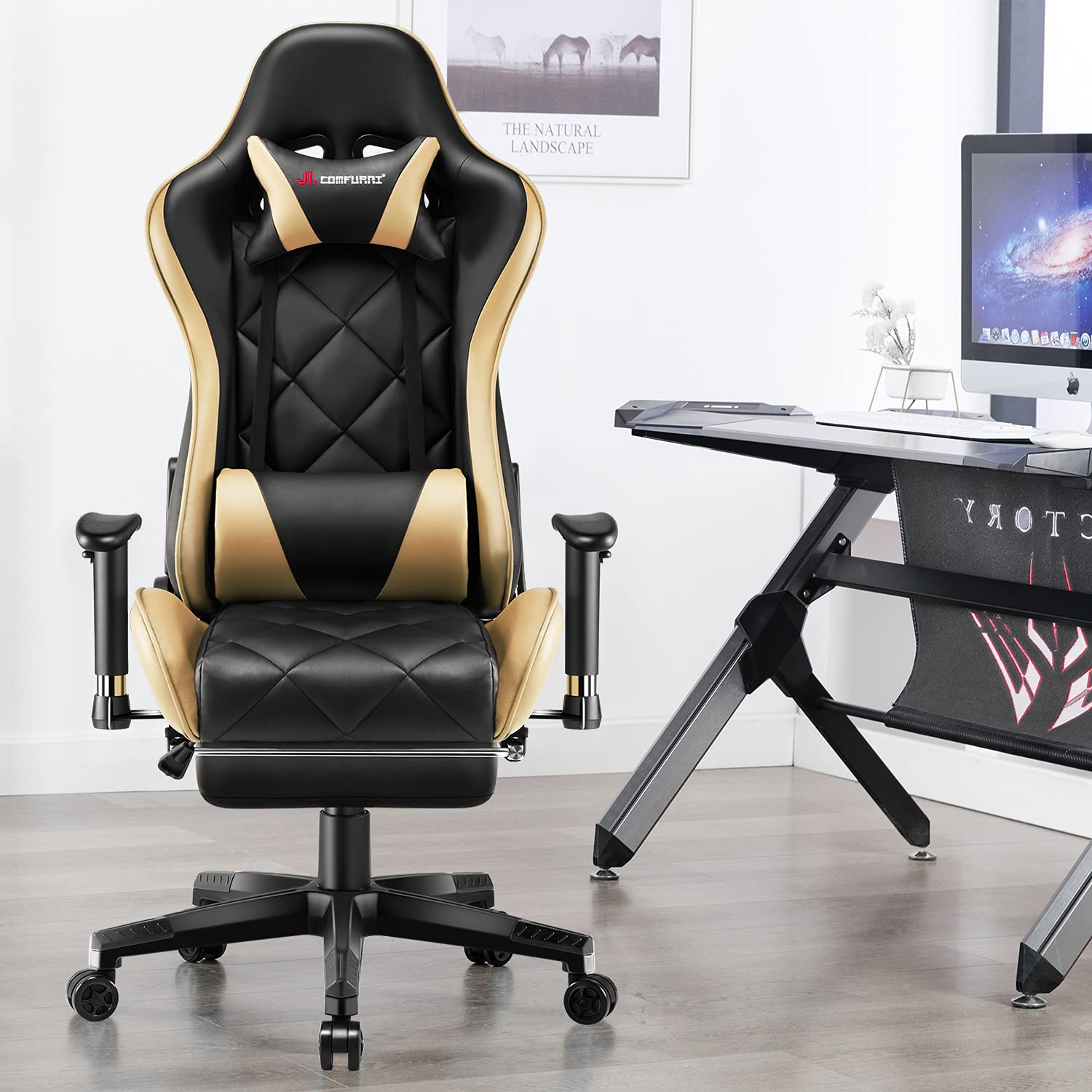 JL Comfurni Video Gaming Chair Racing Computer Chair with Footrest
