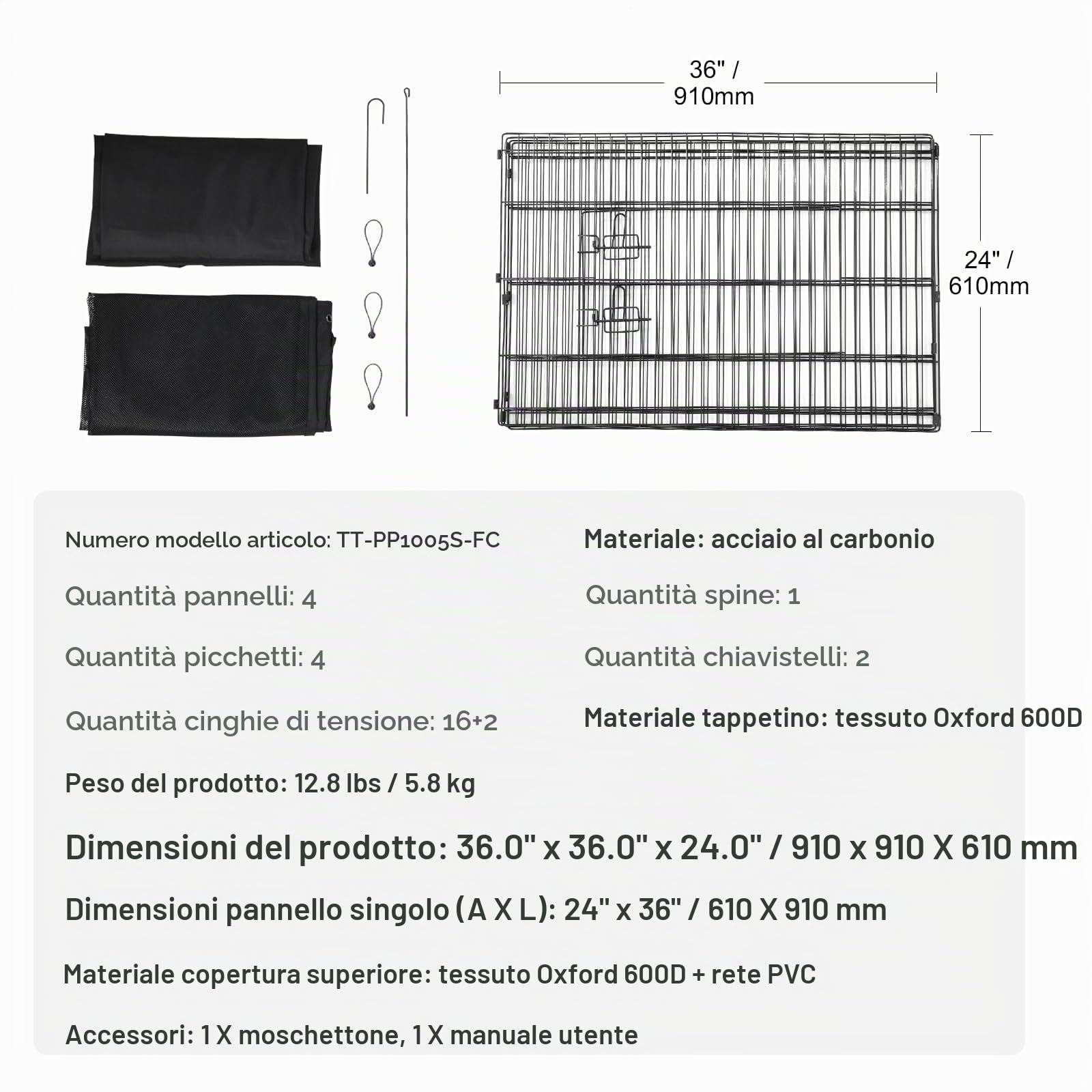 VEVOR Recinto per Cani, Confezione da 4 Pannelli 610 x 910 mm Recinto da Addestramento Pieghevole in Metallo, Recinto per Cani da Interno Esterno con Porta, Copertura Superiore e Imbottitura Inferiore