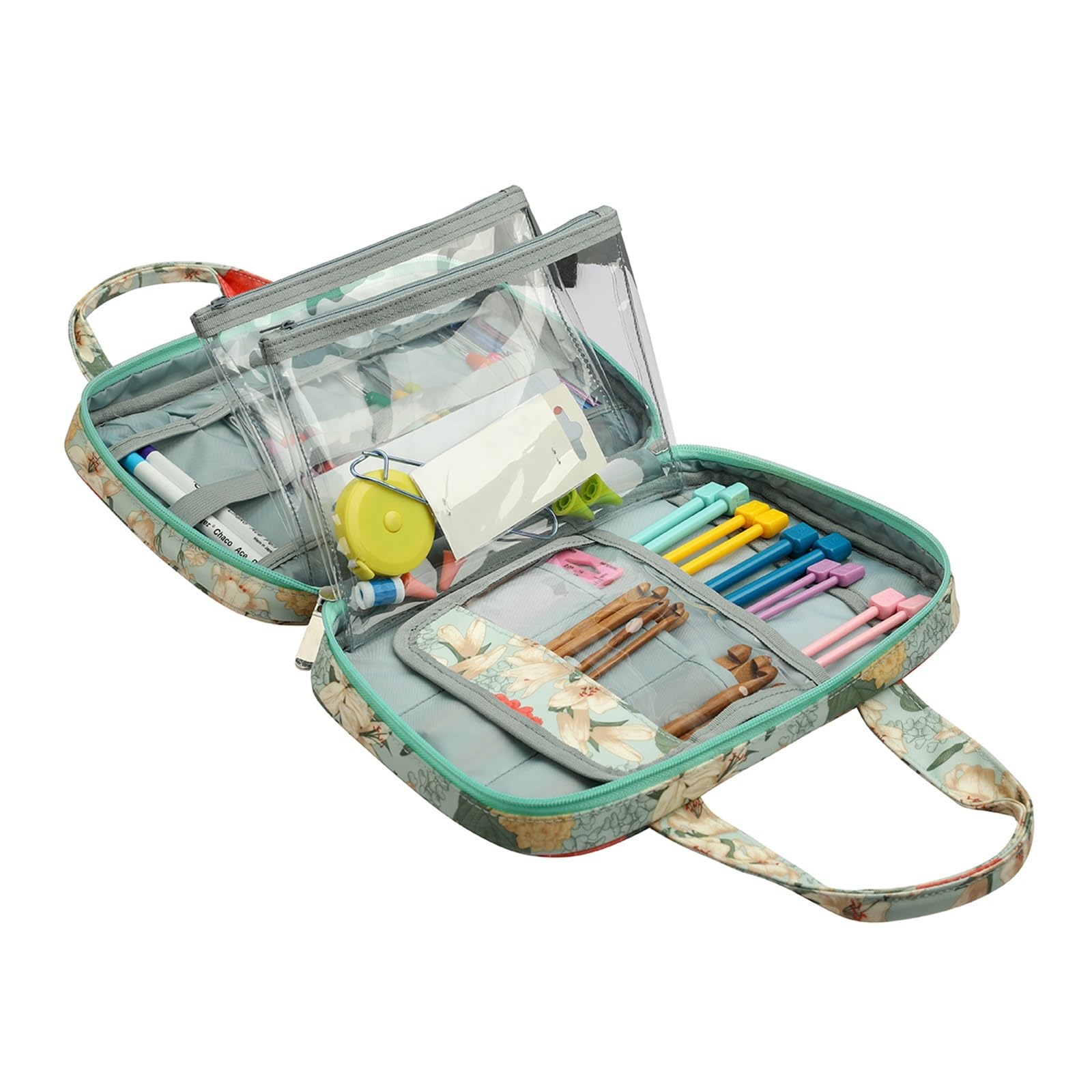 Handarbeitstasche Leere Strickset-Hülle, Organizer-Tasche, tragbare grüne Tasche mit Blumen-Stricknadel-Aufbewahrungstasche for Nähzubehör