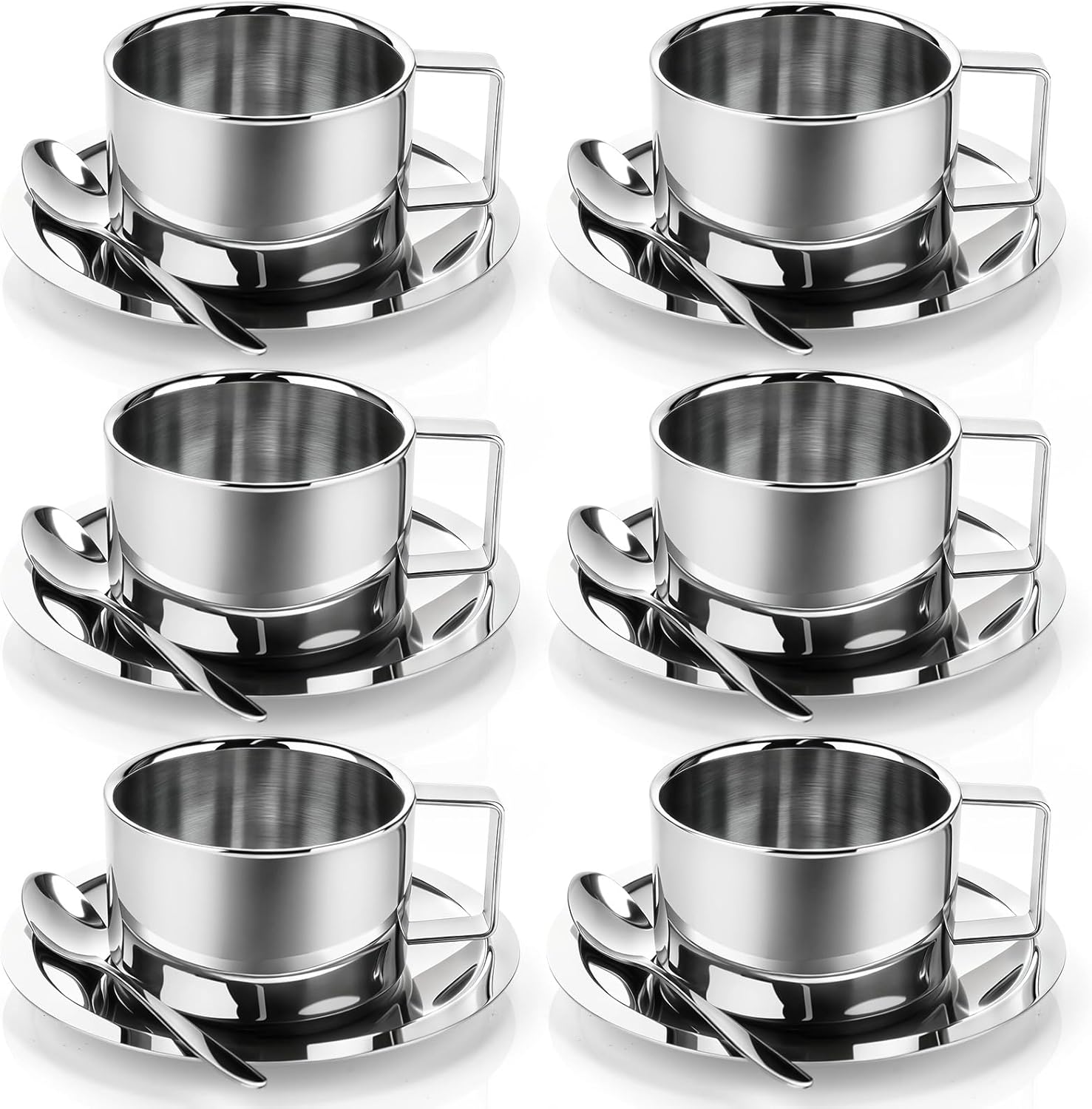 6 Pack Stainless Steel Coffee Cups Set, 7oz Insulated Espresso Cups with Spoon and Saucer, Double Walled Coffee Mugs for Latte, Tea, Milk, Cappuccino