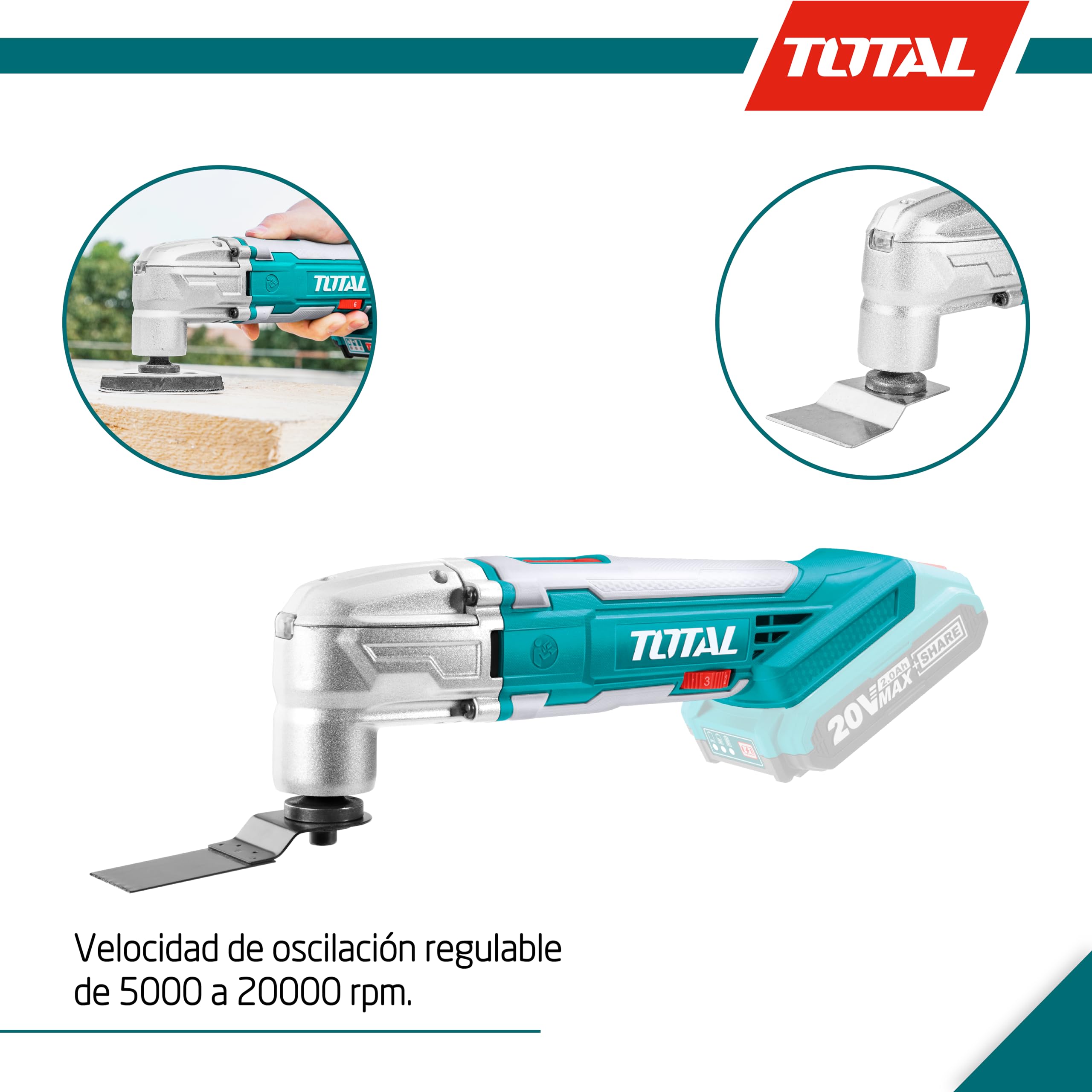 TOTAL - Multiherramienta Eléctrica - A Batería P20S 20 V - Incluye Raspador, Sierra, Sierra Segmentada, Llave Hexagonal y Base de Lija - Incluye 3 Hojas de Lija - Velocidad Regulable