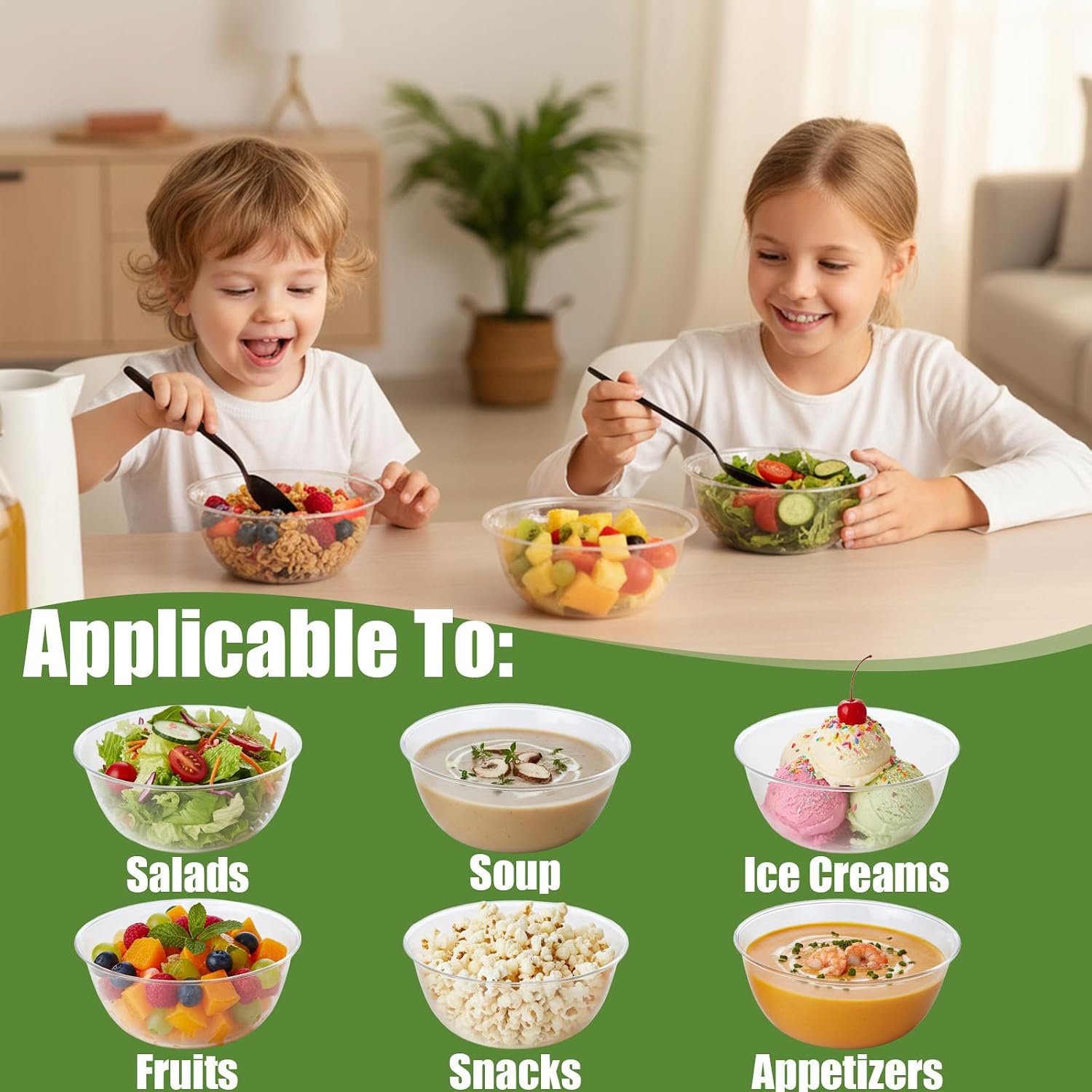 100 Pack 12 Oz Clear Plastic Bowls and 100 Pack Spoon, Disposable Hard Small Serving Bowls for Party, Catering, Ice Cream, Dessert, Salad, Fruit, Snacks, and Everyday Use