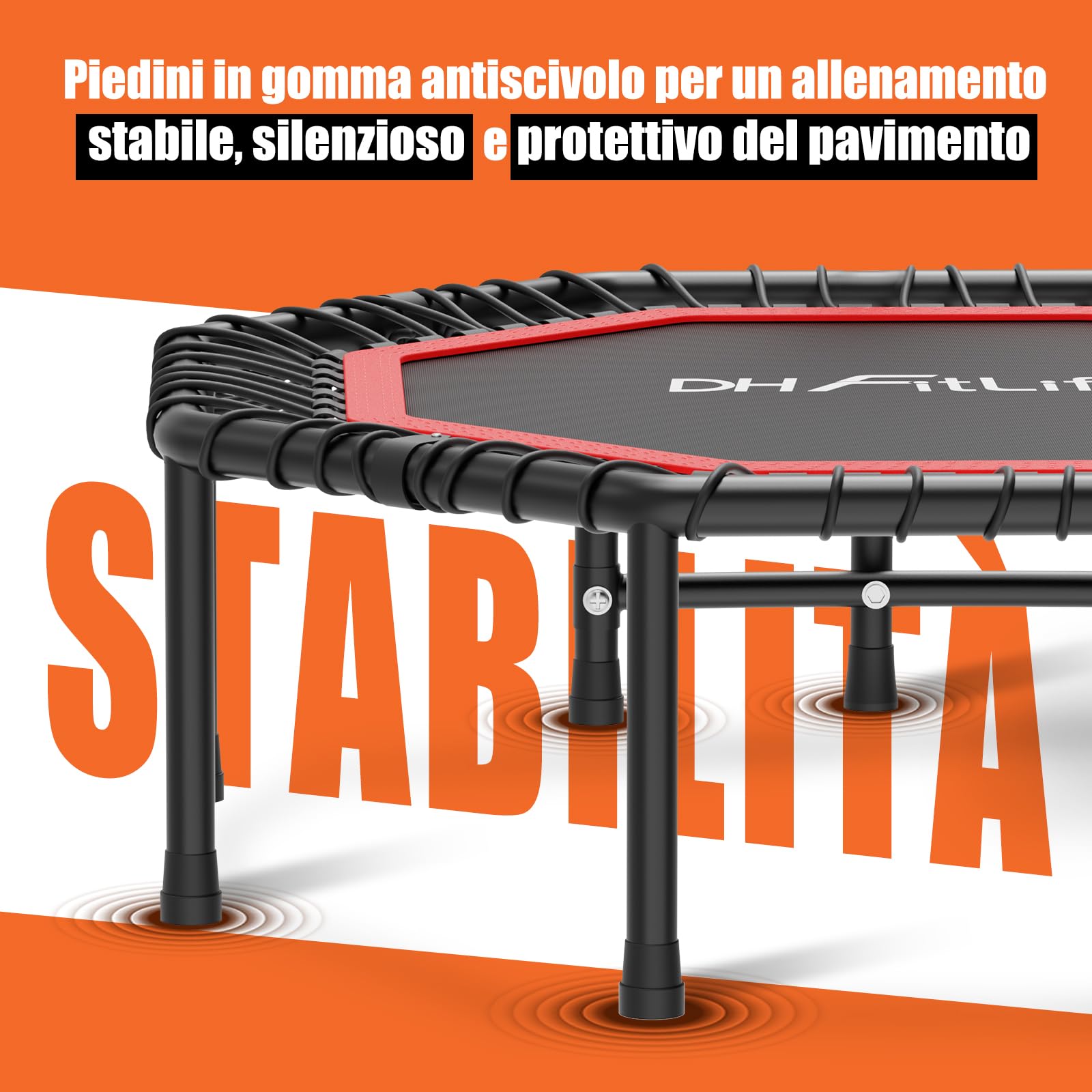 DH FitLife Trampolino Fitness Indoor Pieghevole senza Installazione | Trampolino Ø121 cm 48 Pollici | Portata 150 kg | Maniglia Regolabile a 3 Altezze | Stabile e Silenzioso