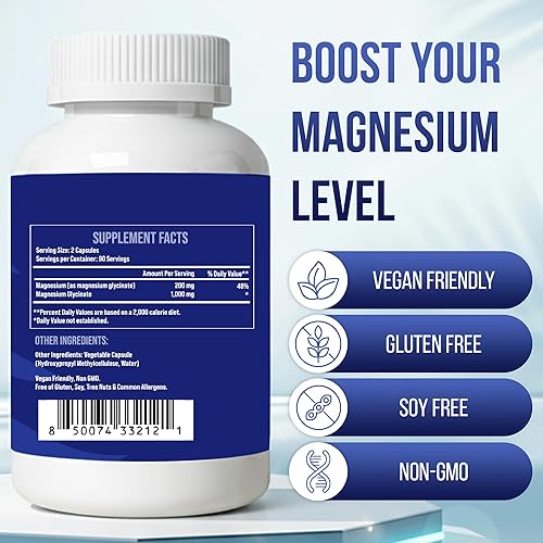 Miniatura 3 de Glicinato de magnesio 1000 mg - Suplemento de magnesio quelado de alta absorción - Apoya la relajación, sueño reparador, función muscular y salud