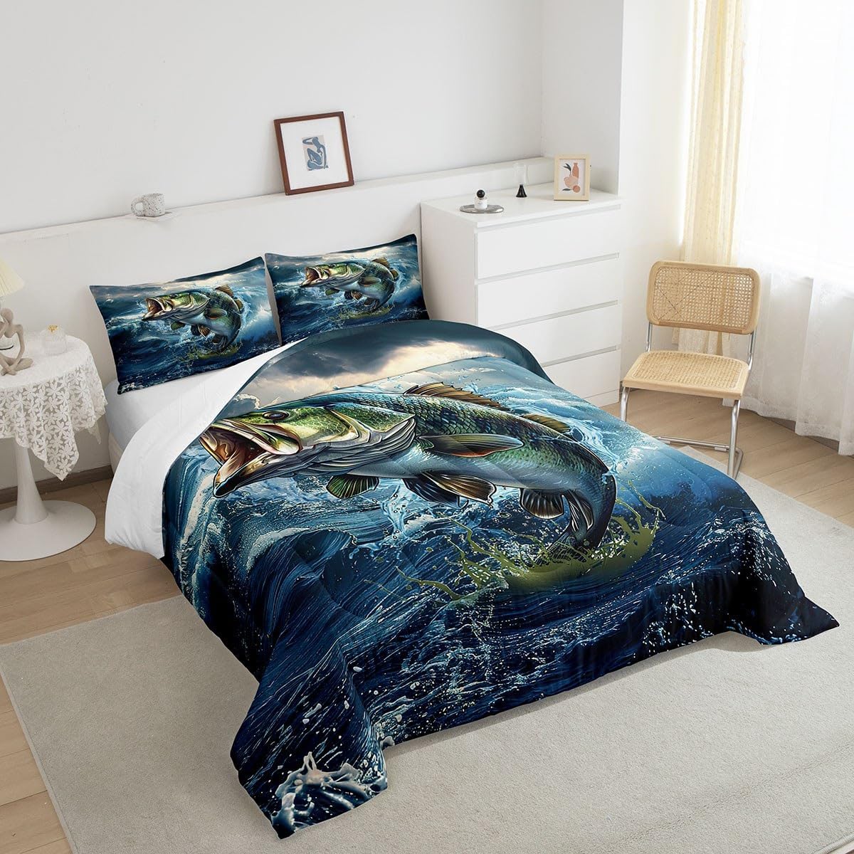 Feelyou Pike Fish Bedding Set Twin Size Bass Big Fish Comforter Set for Kids Boys Girls Decor Fishing and Hunting Comforter Ocean Theme Duvet Set with 1 Pillow Case - Image 4