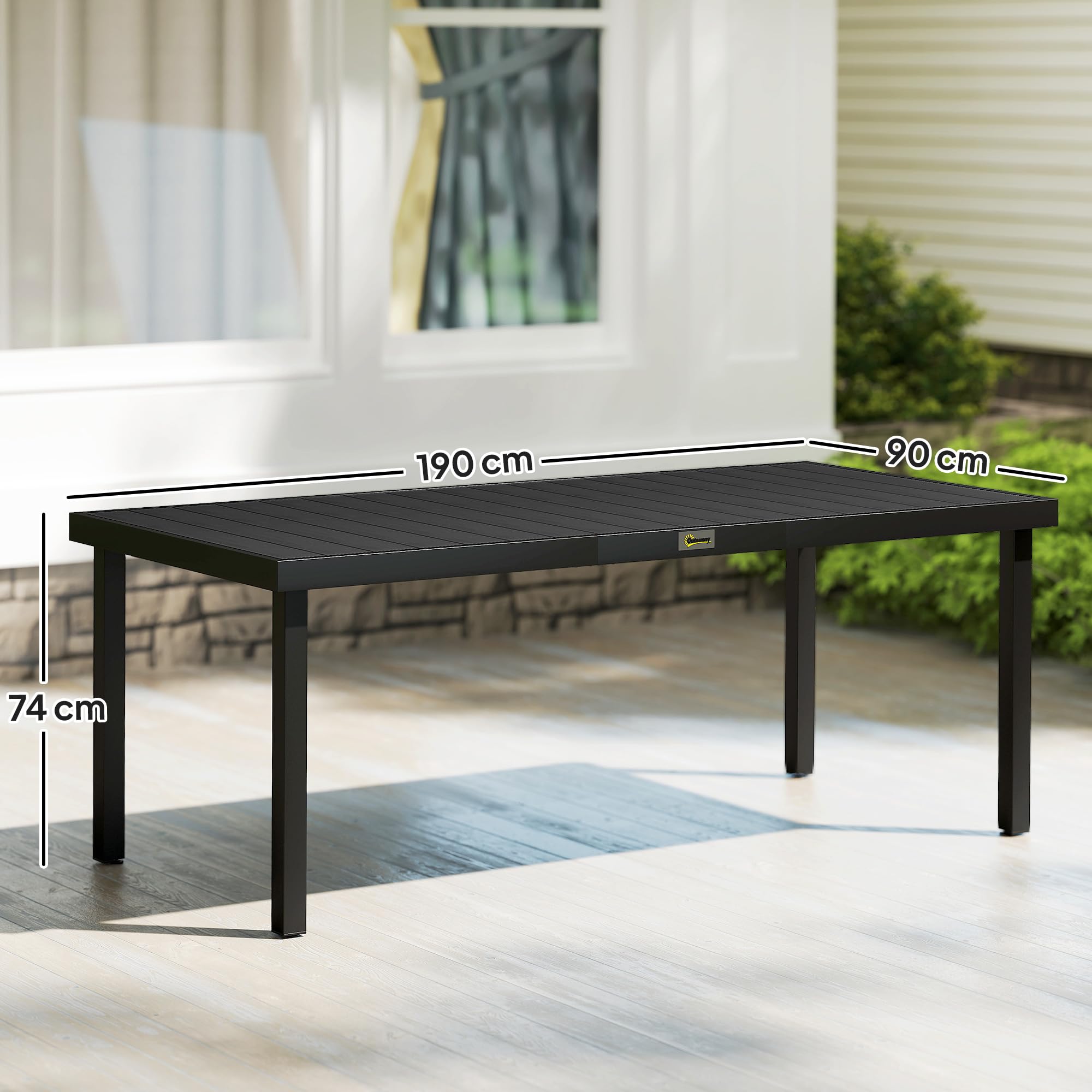 Outsunny Mesa de Comedor Exterior de Aluminio, Mesa de Jardín Exterior para 8 Personas con Encimera de Listones, para Terraza, Balcón, 190x90x74 cm, Negro