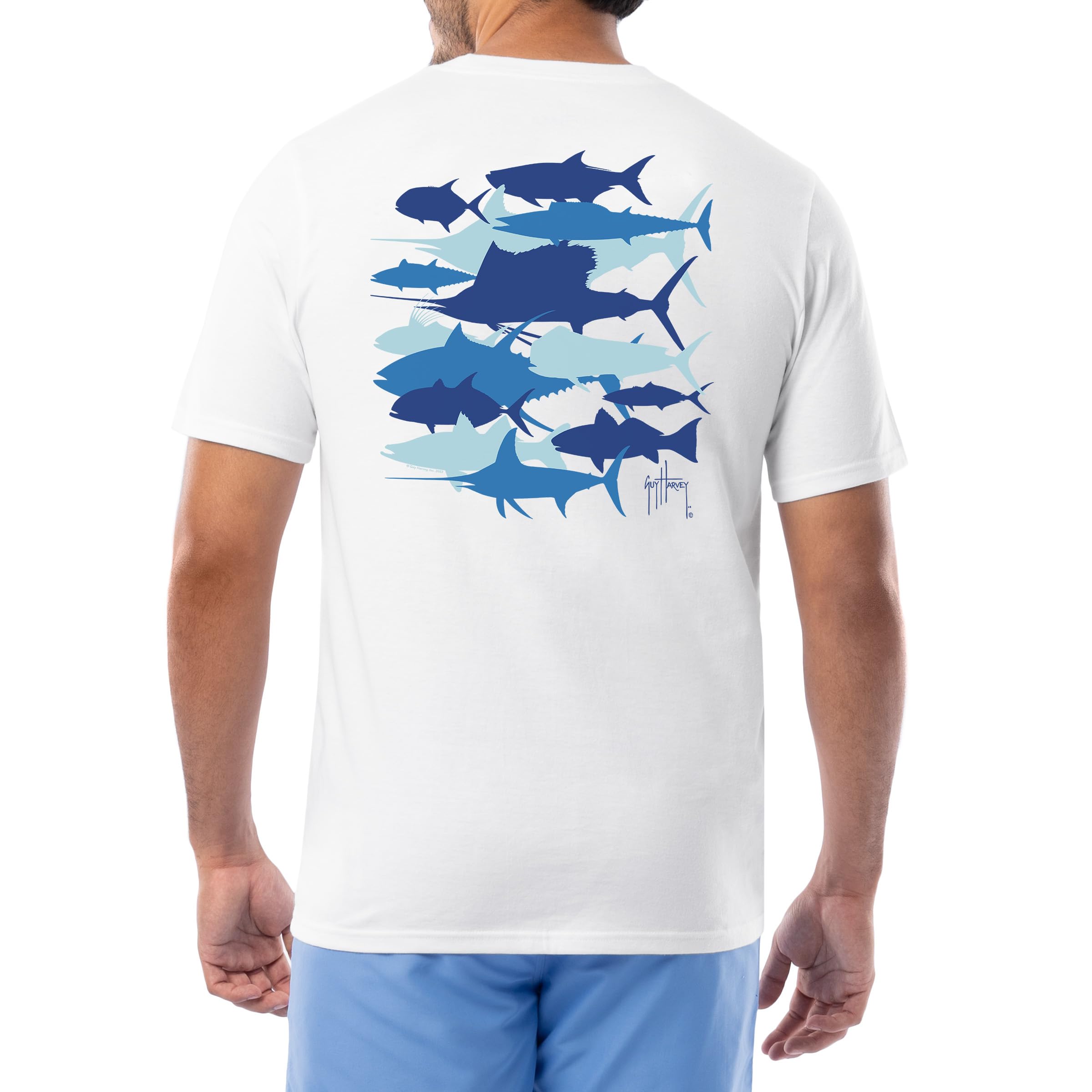 Guy Harvey Men’s Billfish Collection Short Sleeve Pocket T-Shirt, Bright White/Species Silos, Medium